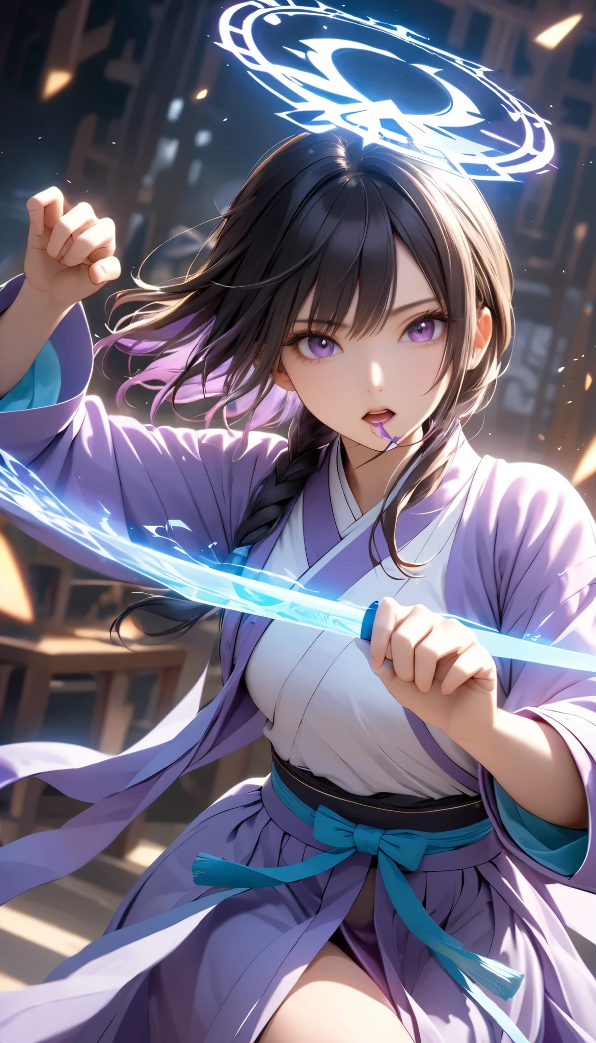  Handsome Chinese girl , Sharp Eye, Distinct facial features, wearing Hanfu, Combat Stance, Martial arts moves, A body enveloped in purple mist, Runes,  holographic reality ,  holographic halo ,  motion blur that sticks to your mouth, Game Light Effects , Edge light, Soft light, movie Edge light,  Delicate Light , Masterpiece,  very detailed, Epic epic , Super HD,  High Quality , 最 High Quality , 32K