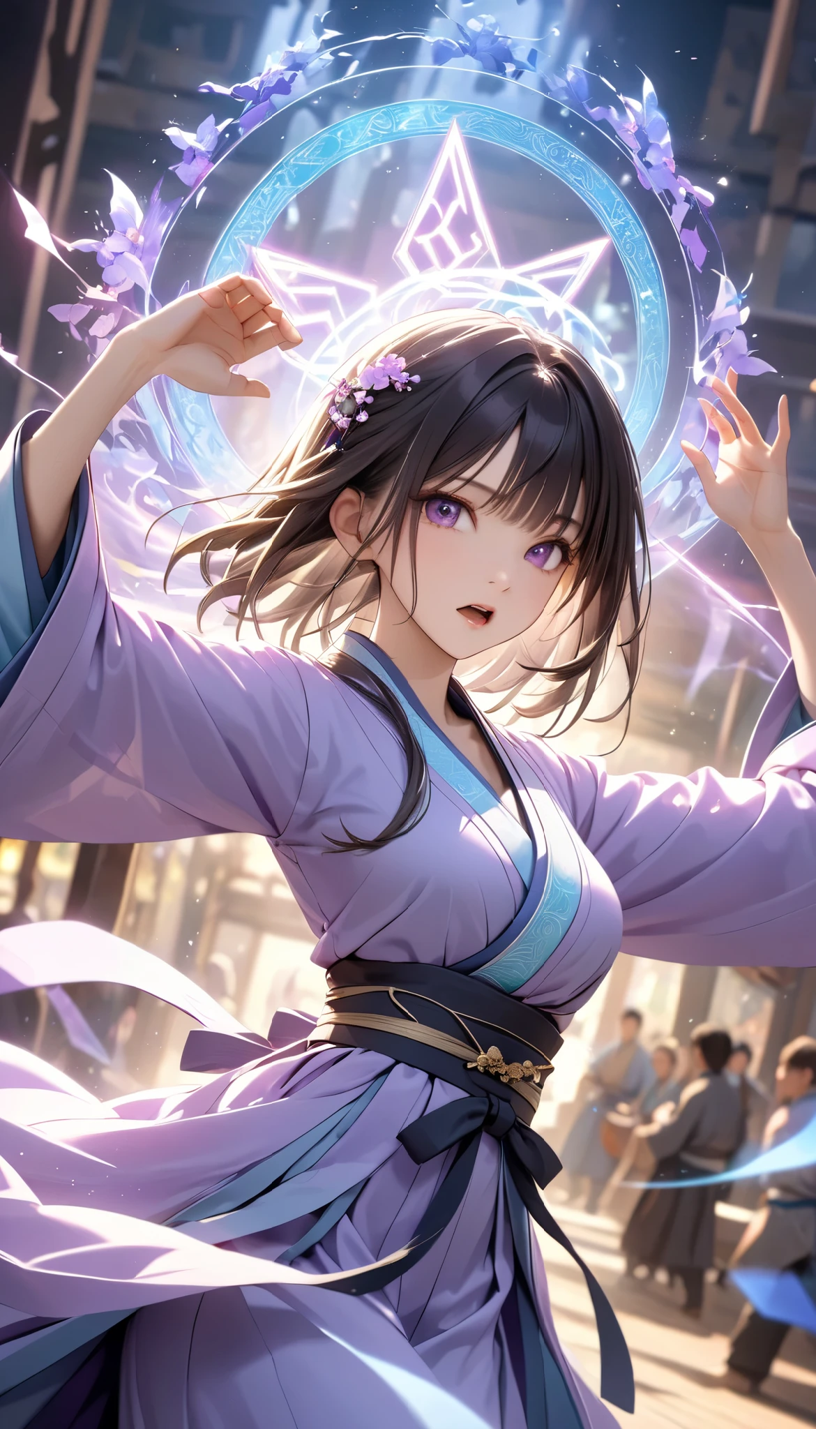  Handsome Chinese girl , Sharp Eye, Distinct facial features, wearing Hanfu, Combat Stance, Martial arts moves, A body enveloped in purple mist, Runes,  holographic reality ,  holographic halo ,  motion blur that sticks to your mouth, Game Light Effects , Edge light, Soft light, movie Edge light,  Delicate Light , Masterpiece,  very detailed, Epic epic , Super HD,  High Quality , 最 High Quality , 32K