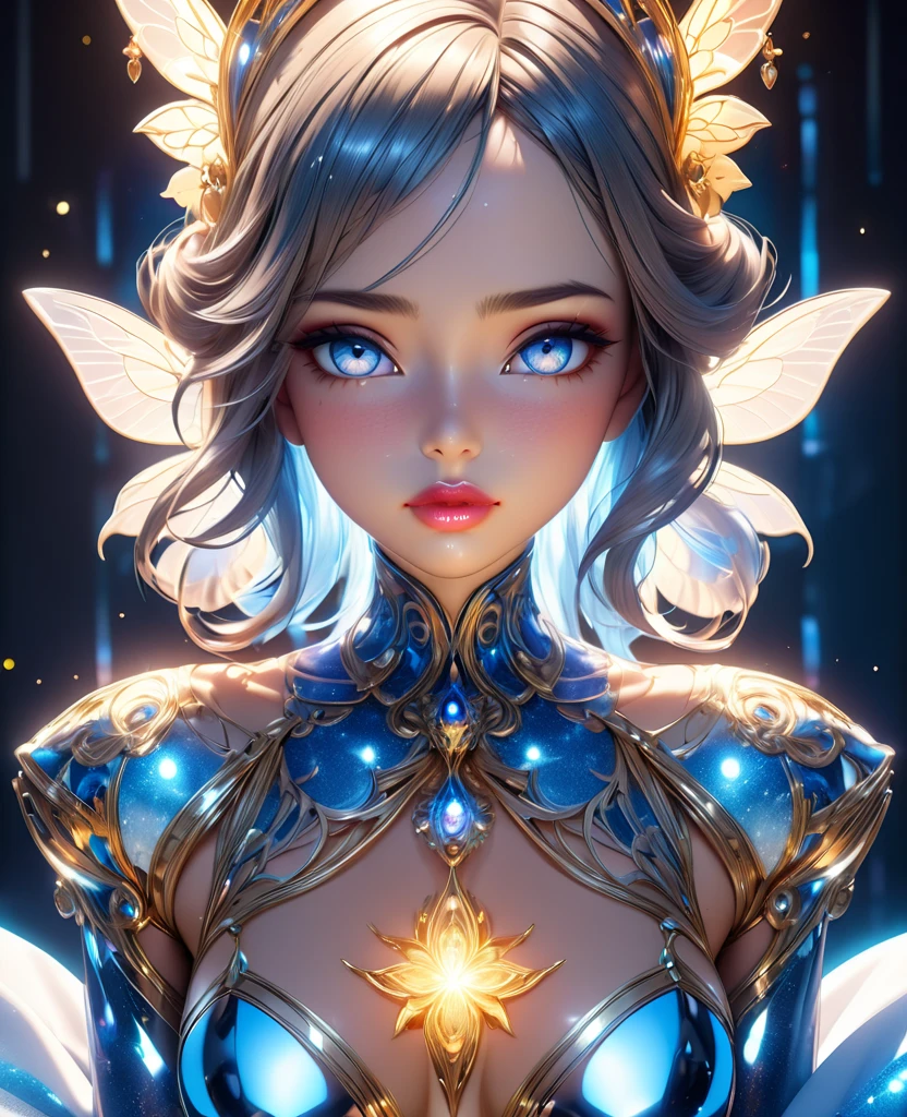 a fairy girl representing evolution and technology, fairy wings, glowing technological circuits, cybernetic implants, ethereal flowing dress, beautiful detailed eyes, beautiful detailed lips, extremely detailed face and skin, long eyelashes, serene expression, (best quality,4k,8k,highres,masterpiece:1.2),ultra-detailed,(realistic,photorealistic,photo-realistic:1.37),digital art, concept art, cinematic lighting, dramatic lighting, vibrant colors, neon colors, glowing elements