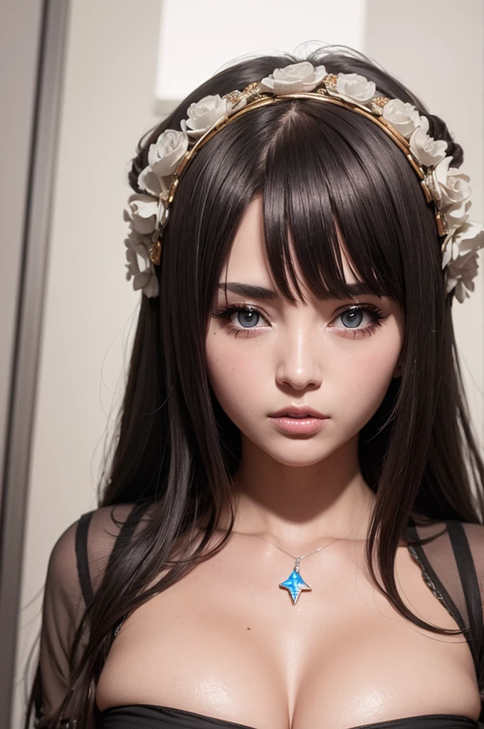 masterpiece,detailed face,MIOBLADE,(1 young girl),big breasts,(black hair:0.7),(nsfw:-0.5),(surprised),heavy makeup,eye shadow,looking at viewer,in a room