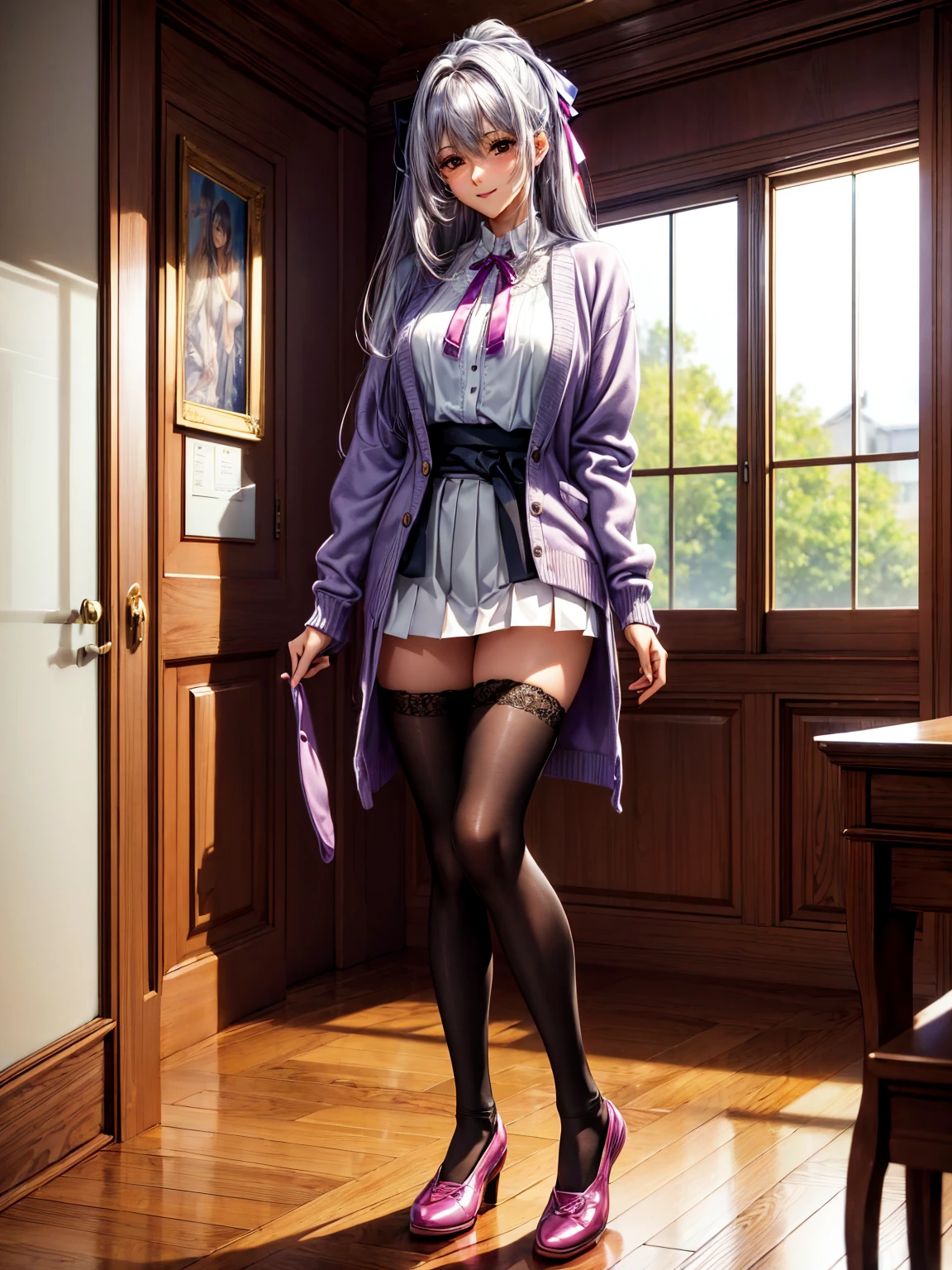 ((( top quality)))、((('s greatest masterpiece)))、Beauty Painting、 8k 、 ultra high quality、(1 Female: Perfect Anatomy ), Age 20、  beautiful body、  beautiful breasts、  beautiful faces:smile、Purple Hair、 Silver Hair、 best skin and hair texture  、((White blouse:ribbon: cardigan: blazer: pleated skirt at the top of the screen:tights:socks:Indoor shoes))、 lace panties、Beautiful classroom: Standing in front of the window、 natural light,  high resolution images、
