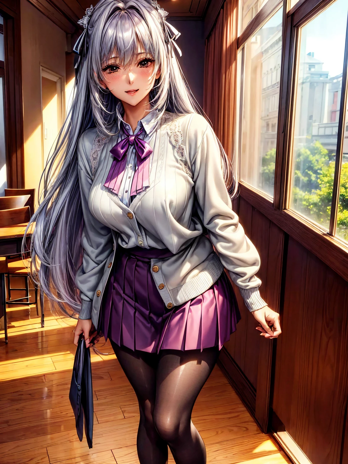 ((( top quality)))、((('s greatest masterpiece)))、Beauty Painting、 8k 、 ultra high quality、(1 Female: Perfect Anatomy ), Age 20、  beautiful body、  beautiful breasts、  beautiful faces:smile、Purple Hair、 Silver Hair、 best skin and hair texture  、((White blouse:ribbon: cardigan: blazer: pleated skirt at the top of the screen:tights:socks:Indoor shoes))、 lace panties、Beautiful classroom: Standing in front of the window、 natural light,  high resolution images、
