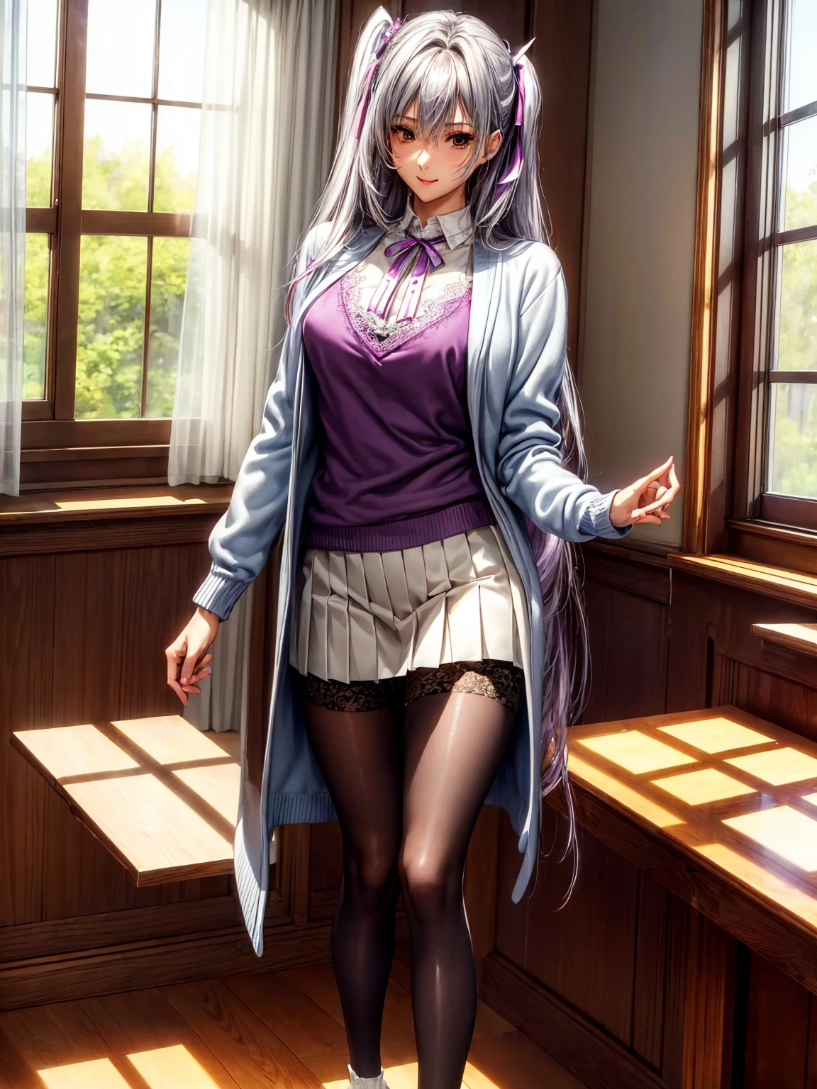 ((( top quality)))、((('s greatest masterpiece)))、Beauty Painting、 8k 、 ultra high quality、(1 Female: Perfect Anatomy ), Age 20、  beautiful body、  beautiful breasts、  beautiful faces:smile、Purple Hair、 Silver Hair、 best skin and hair texture  、((White blouse:ribbon: cardigan: blazer: pleated skirt at the top of the screen:tights:socks:Indoor shoes))、 lace panties、Beautiful classroom: Standing in front of the window、 natural light,  high resolution images、
