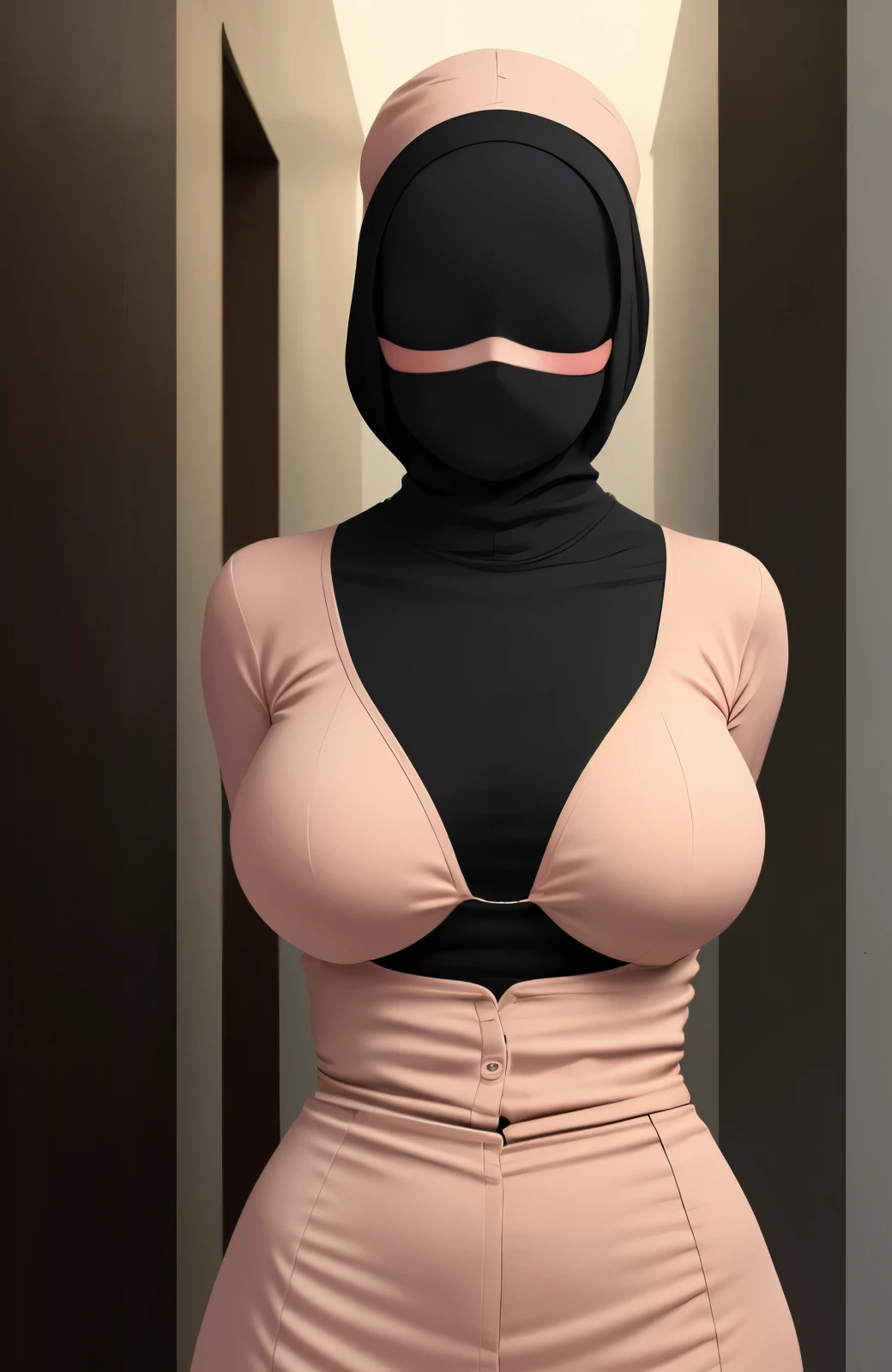 A beautiful young and chubby  and sexy muslim girl with black color niqab,black bra and black blouse wearing face mask and simple transparent glasses with sexy boobs and cleavage in seductive mood in corridor , squeezing her boobs