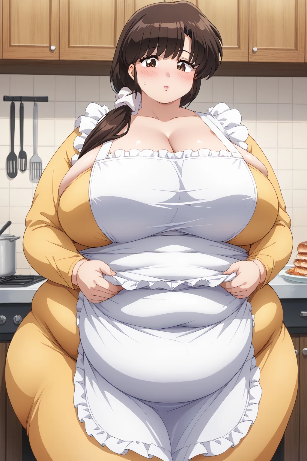 Kasumi Tendo, long hair, brown hair , low ponytail, White scrunchie,  brown eyes, yellow dress, Long Sleeve ,White bib apron, huge breasts, troubled expression,blush,milf, chubby, thick thighs,kitchen,Obese middle-aged woman,Severe obesity, Fat face,ssbbw,weight 250kg, score_9,  score_8_ up、 score_7_ up、 score_6_ up、 score_5_ up、 score_4_ up、 Masterpiece、 top quality, A beautiful woman with an obese figure,  absurd、 source_Anime, Anime screencap,  one woman、Alone、 personal  、Super huge breasts,  super huge clevis、Super huge, Super huge boob,Curvy、 Wide Hips 、