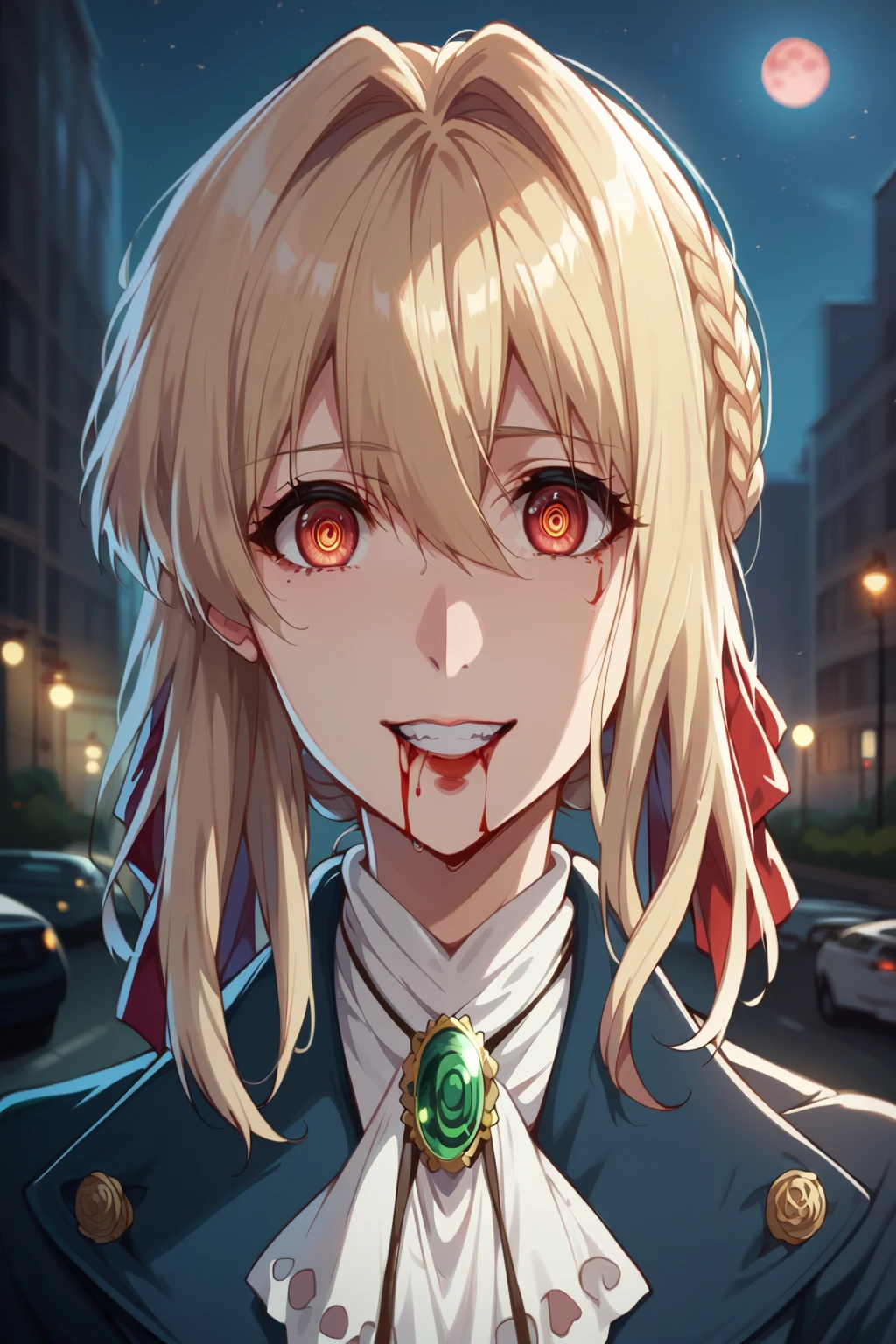 1girl, ultra-high quality, best quality, 8K, UHD, very aesthetic, photorealism, volumetric lighting,violet evergarden,sHe wears modern clothes,solo,crazy evil smile,villain,blood on face ,wearing street wear, night city,red moon background,sad,highly detailed eyes, highly detailed face, highly detailed background,look at viewer,