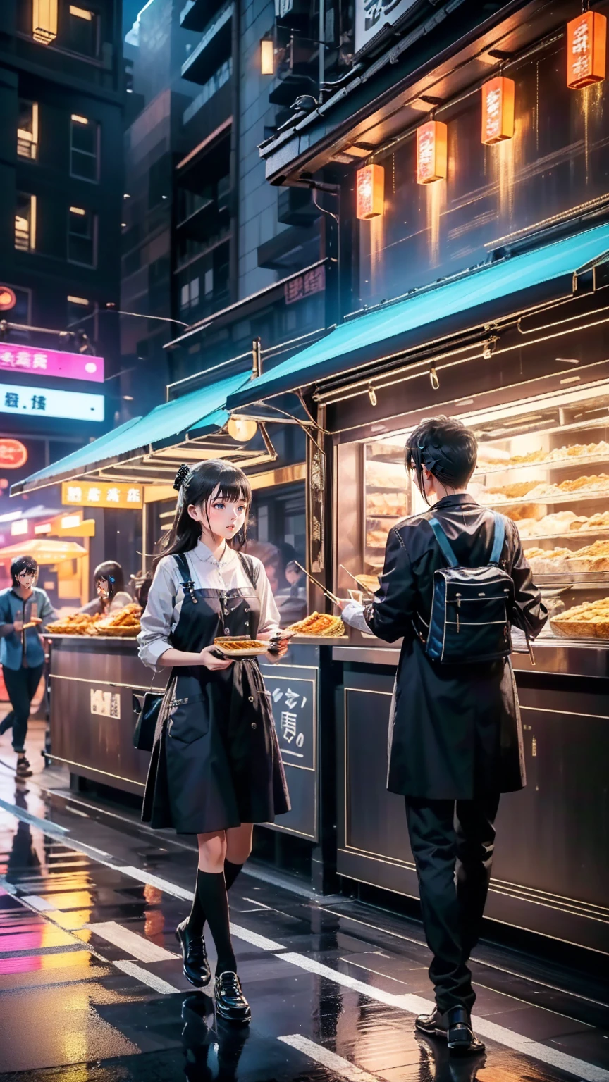 Street food stalls/Street Food Stalls /Street food scene 、People walking around drinking 々、 people eating at food stalls 々、 looking happy 、 enjoying alcohol、Very beautiful girl、Focusing on beautiful girls、
