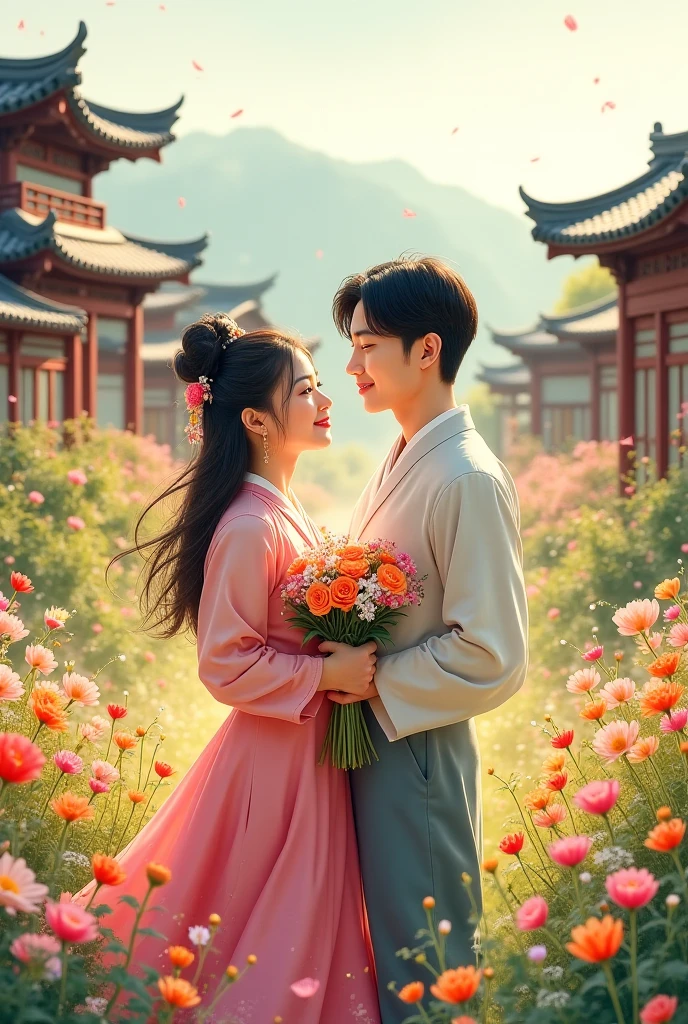 Korean lovers are in a village with a view of a flower garden and the girl brings flowers