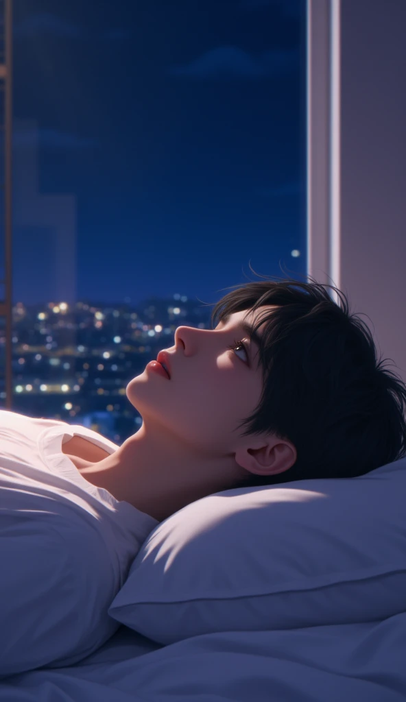 a young  anime guy with dark hair with a beautiful face lies on the bed in his room outside the window at night he looks at the ceiling and thinks about something