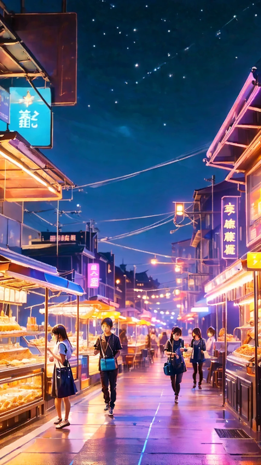 Street food stalls/Street Food Stalls /Street food scene 、People walking around drinking 々、 people eating at food stalls 々、 looking happy 、 enjoying alcohol、Very beautiful girl、Focusing on beautiful girls、
