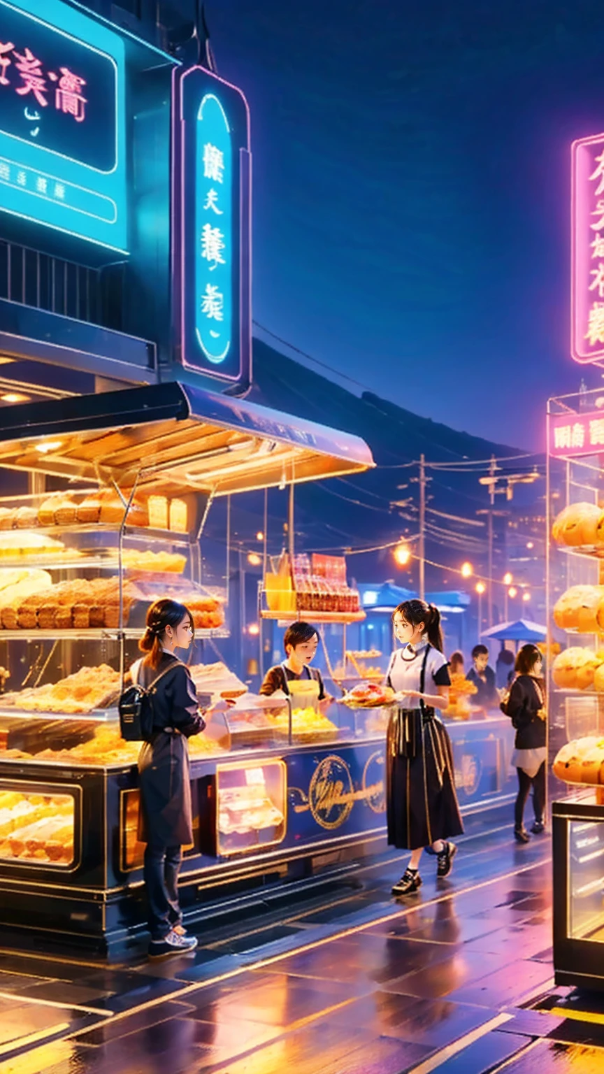 Street food stalls/Street Food Stalls /Street food scene 、People walking around drinking 々、 people eating at food stalls 々、 looking happy 、 enjoying alcohol、Very beautiful girl、Focusing on beautiful girls、
