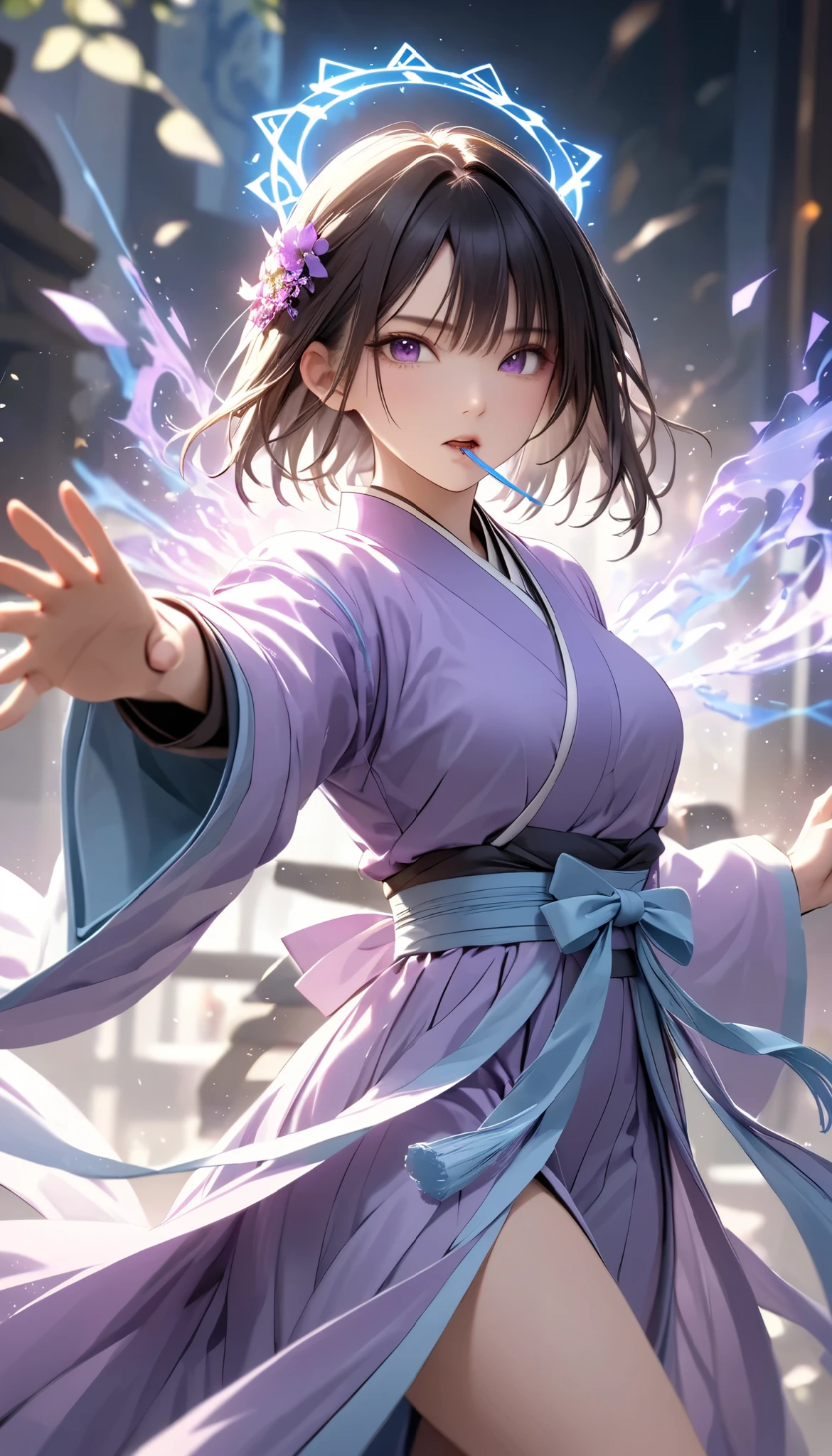  Handsome Chinese girl , Sharp Eye, Distinct facial features, wearing Hanfu, Combat Stance, Martial arts moves, A body enveloped in purple mist, Runes,  holographic reality ,  holographic halo ,  motion blur that sticks to your mouth, Game Light Effects , Edge light, Soft light, movie Edge light,  Delicate Light , Masterpiece,  very detailed, Epic epic , Super HD,  High Quality , 最 High Quality , 32K