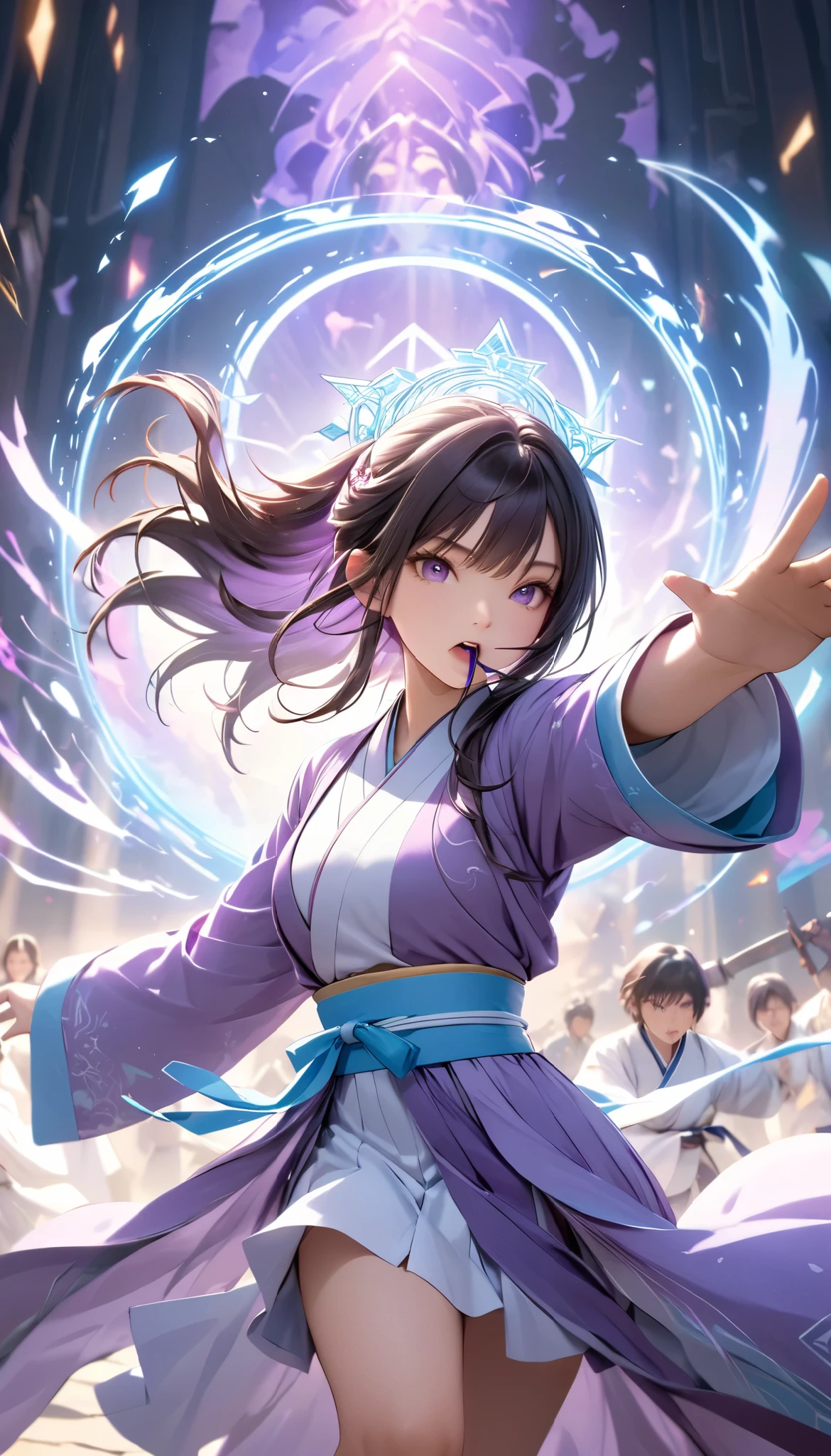  Handsome Chinese girl , Sharp Eye, Distinct facial features, wearing Hanfu, Combat Stance, Martial arts moves, A body enveloped in purple mist, Runes,  holographic reality ,  holographic halo ,  motion blur that sticks to your mouth, Game Light Effects , Edge light, Soft light, movie Edge light,  Delicate Light , Masterpiece,  very detailed, Epic epic , Super HD,  High Quality , 最 High Quality , 32K