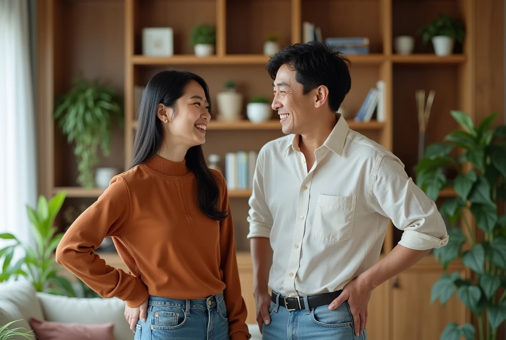 They are two people who pose for a photo with their arms outstretched, Pose(Arms up + cheerfulness), Happy couple, Smiling couple, Without background, advertisement picture, advertising photograph, Adult, couple, By senior artists, bottom angles, Brilliant, couple dancing, marketing photo, promotional art, promo image, Single image, Beginner, full device, raise both arms