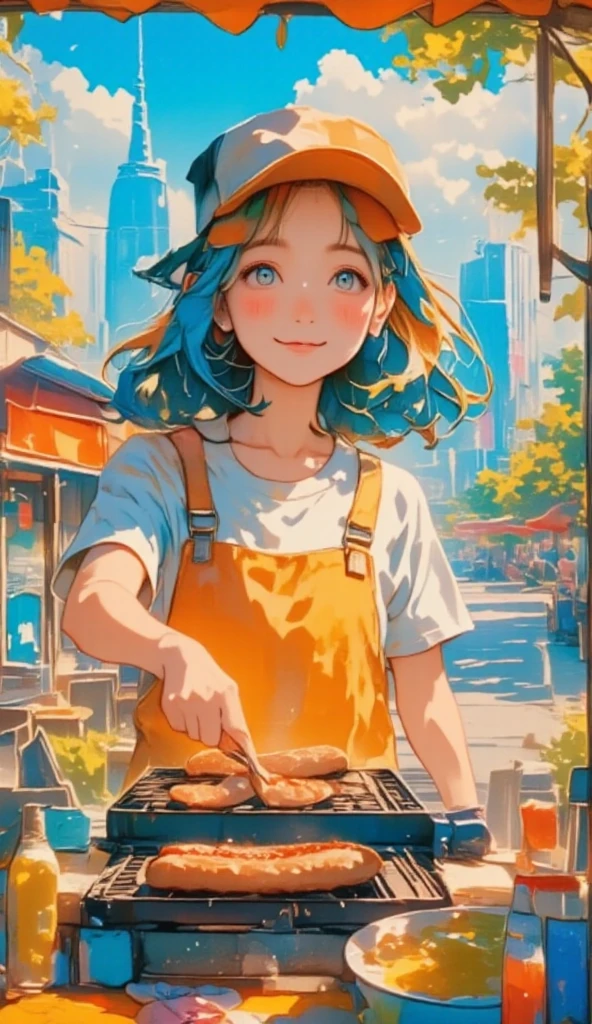  New York Hot Dog Stall 、 Hot Dog Stall 、 Frankfurt Grilling on a Griddle 、 Ketchup and Mustard in a Dispenser、 Fresh Baked Buns 、 Smiling Seller 、 super cute、 Very Stylish Town 、 Ultra High Floor Curtain、Stylish Photos 、 perfect landscape painting 