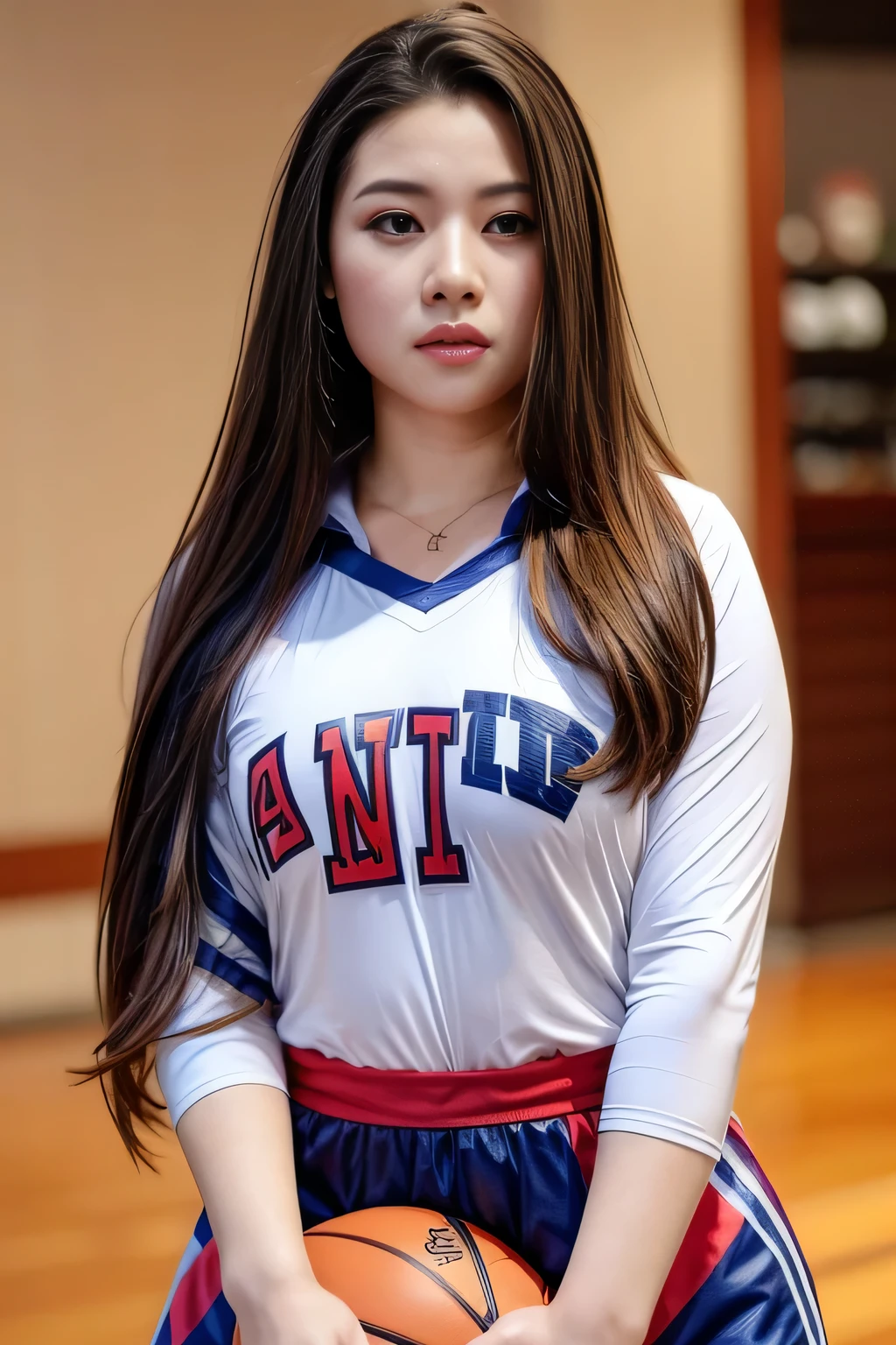 1 girl standing, wearing basket ball shirt, very detail, realistic, holding ball, 27 years old, long hair