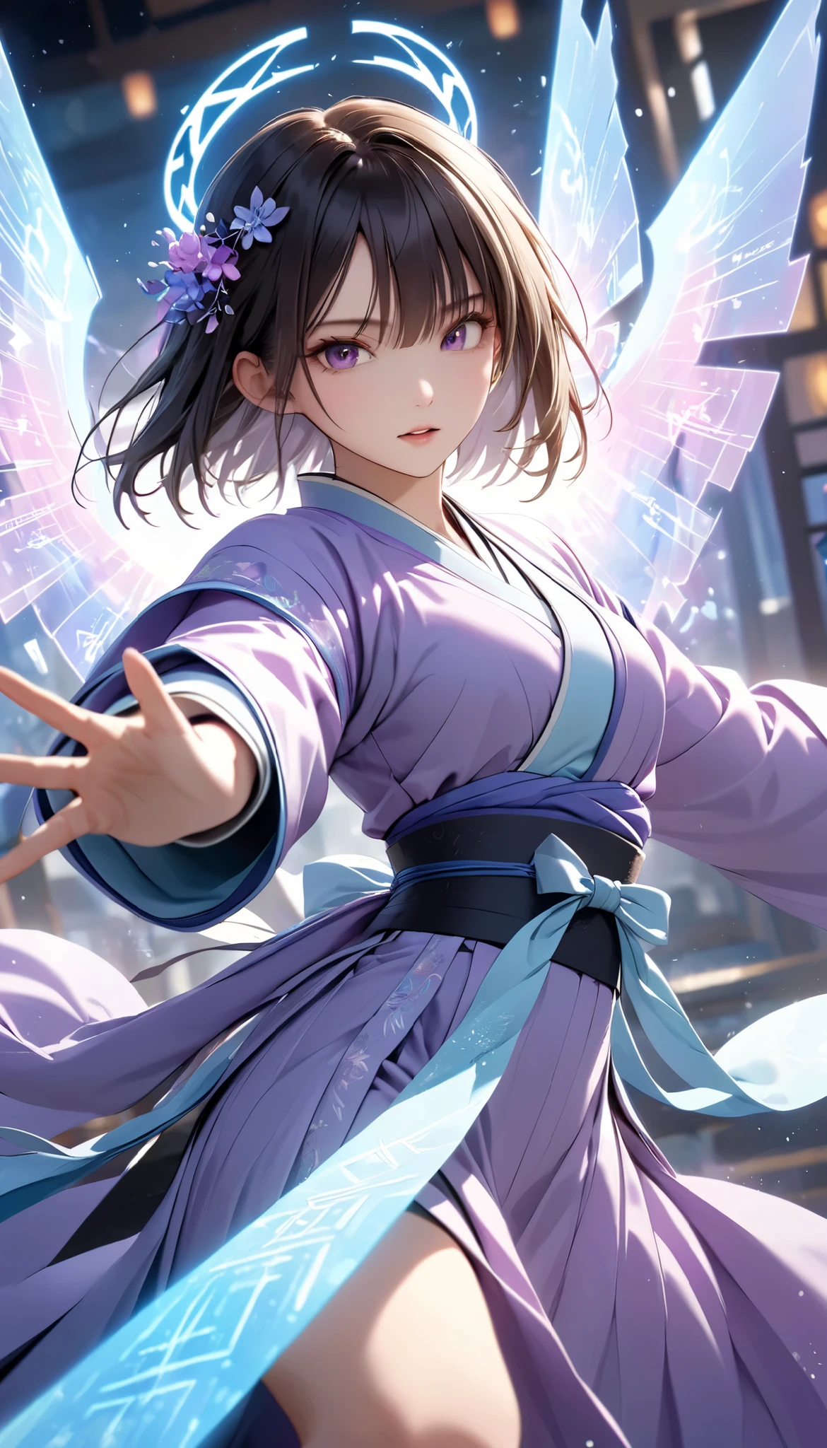  Handsome Chinese girl , Sharp Eye, Distinct facial features, wearing Hanfu, Combat Stance, Martial arts moves, A body enveloped in purple mist, Runes,  holographic reality ,  holographic halo ,  motion blur, Game Light Effects , Edge light, Soft light, movie Edge light,  Delicate Light , Masterpiece,  very detailed, Epic epic , Super HD,  High Quality , 最 High Quality , 32K