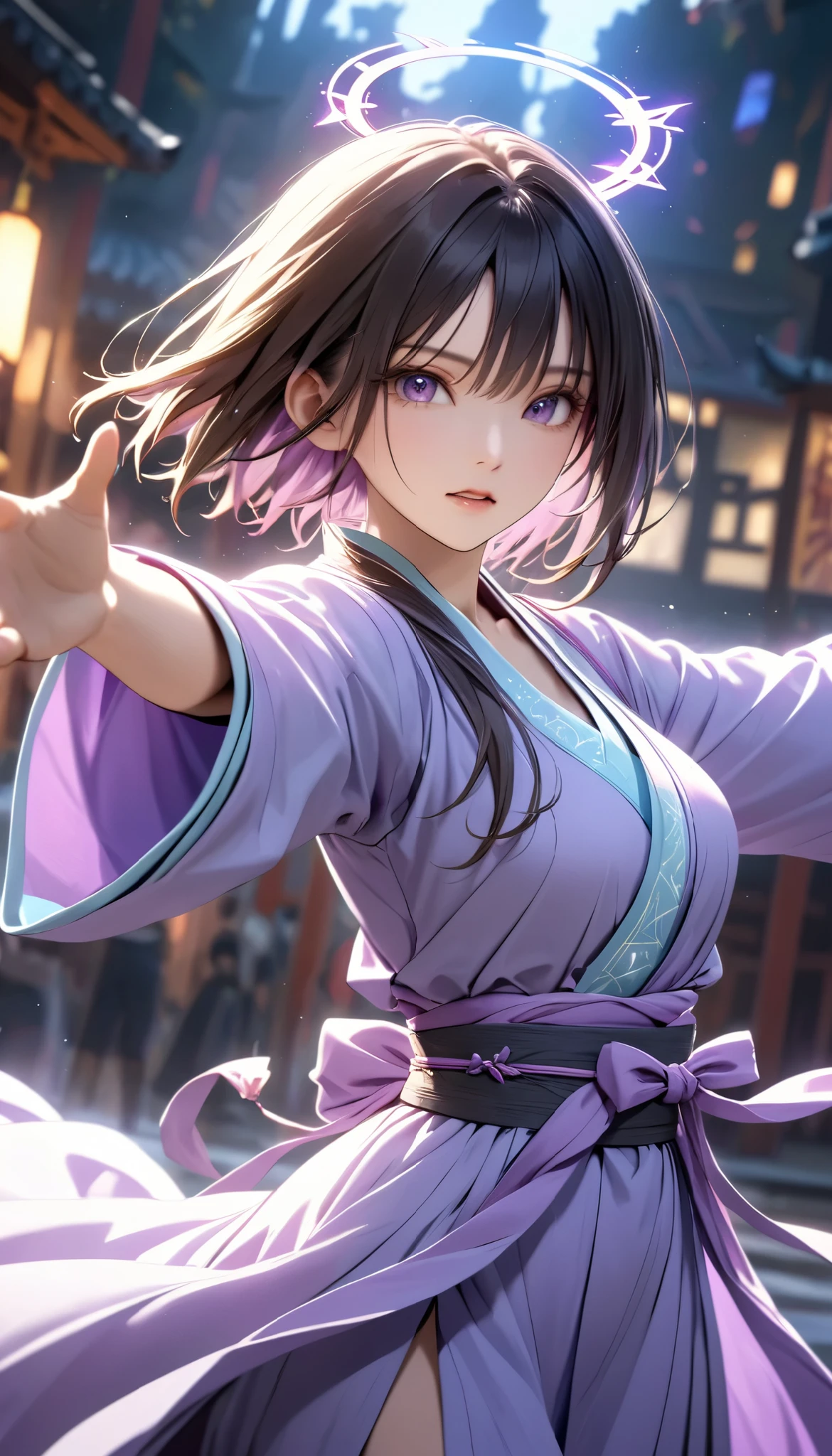  Handsome Chinese girl , Sharp Eye, Distinct facial features, wearing Hanfu, Combat Stance, Martial arts moves, A body enveloped in purple mist, Runes,  holographic reality ,  holographic halo ,  motion blur, Game Light Effects , Edge light, Soft light, movie Edge light,  Delicate Light , Masterpiece,  very detailed, Epic epic , Super HD,  High Quality , 最 High Quality , 32K