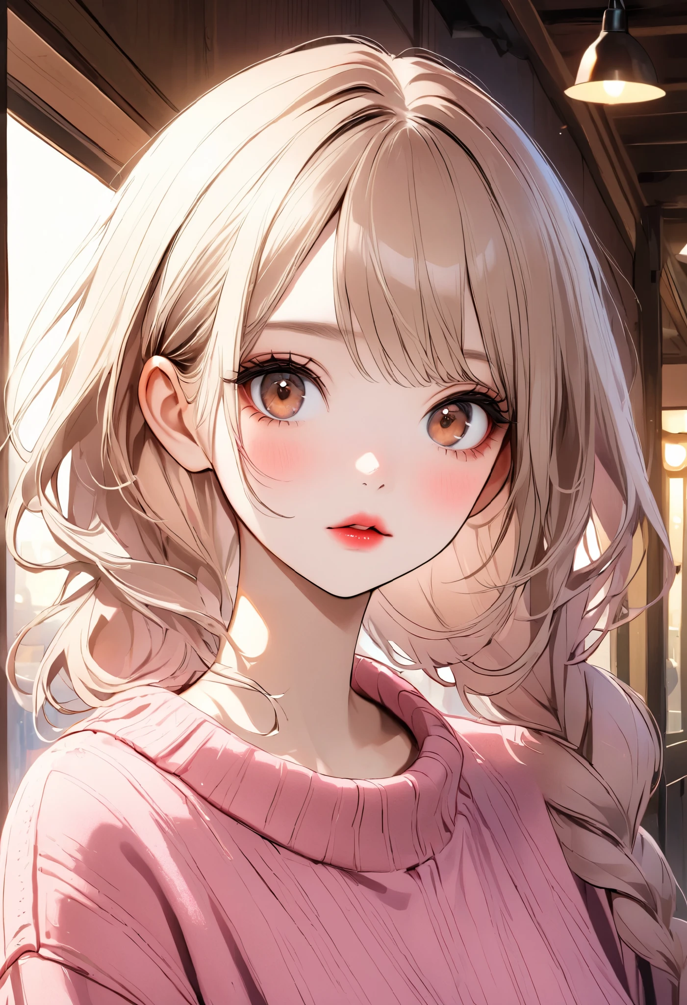 girl, long brown hair, brown eyes, sharp features, white skin, light pink lips, perfect, sweater .
