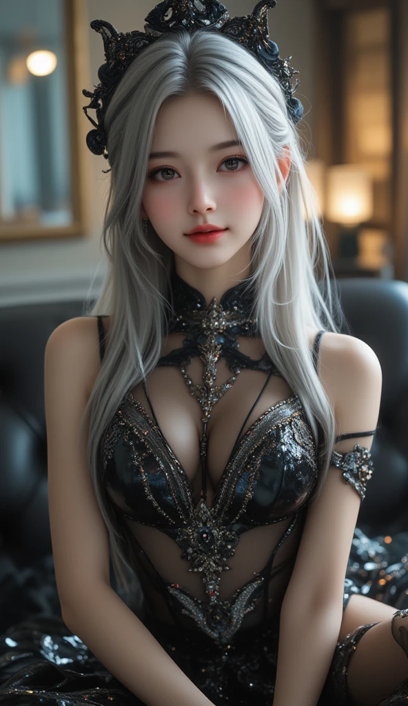 (8k,Realistic RAW Photos Highest quality;1.4) 1woman) 美しいSilver Hairの女神 (Lively Faces) (Tabletop, Highest quality, Realisticです, High resolution, :1.3), closeショット, Sharp focus, 1 カールしたSilver Hairのwoman, ヨーロッパ系woman, Hot Model, abdomen, Very detailed eyes with golden pupils, Realistic skin, Slim figure, Perfect body, Very large breastsには谷間がある, Very Fine Hair, Delicate and sexy face, sensory gas, Glossy Lips, ((She wears a beautiful black and gold outfit with a black skirt and gold embroidery。.,Wear a pendant)), Outdoor, ((Realistic, 超Realistic, realism, Realistic詳細)) Beautiful expression charm (Realistic Skin) 超High resolution 超Realistic Advanced Details grassland, Flowers and beautiful mountains in the distance々々,Purple Earrings,Split Avemar Paladin,woman,超Realisticな肌,smile,close,Top View,Rich colors, Backlight, Cinema Lighting, Film Grain, 50mm lens, Nikon D850,超High resolution,Ultra-realistic,Compensate,Super sexy,Silver Hair,Very large breasts,Grace,Sexy pose,