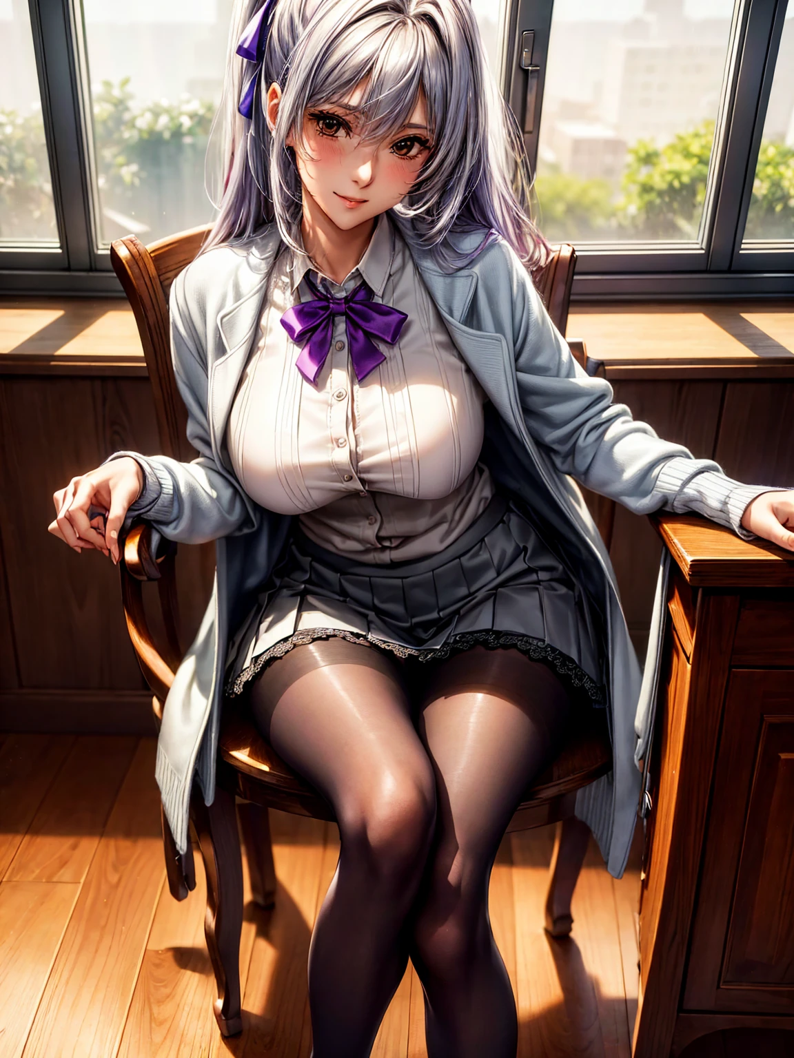 ((( top quality)))、((('s greatest masterpiece)))、Beauty Painting、 8k 、 ultra high quality、(1 Female: Perfect Anatomy ), Age 20、  beautiful body、  beautiful breasts、  beautiful faces:smile、Purple Hair、 Silver Hair、 best skin and hair texture  、((White blouse:ribbon: cardigan: blazer: pleated skirt at the top of the screen:tights:socks:Indoor shoes))、 lace panties、Beautiful classroom: chair during class、 natural light,  high resolution images、
