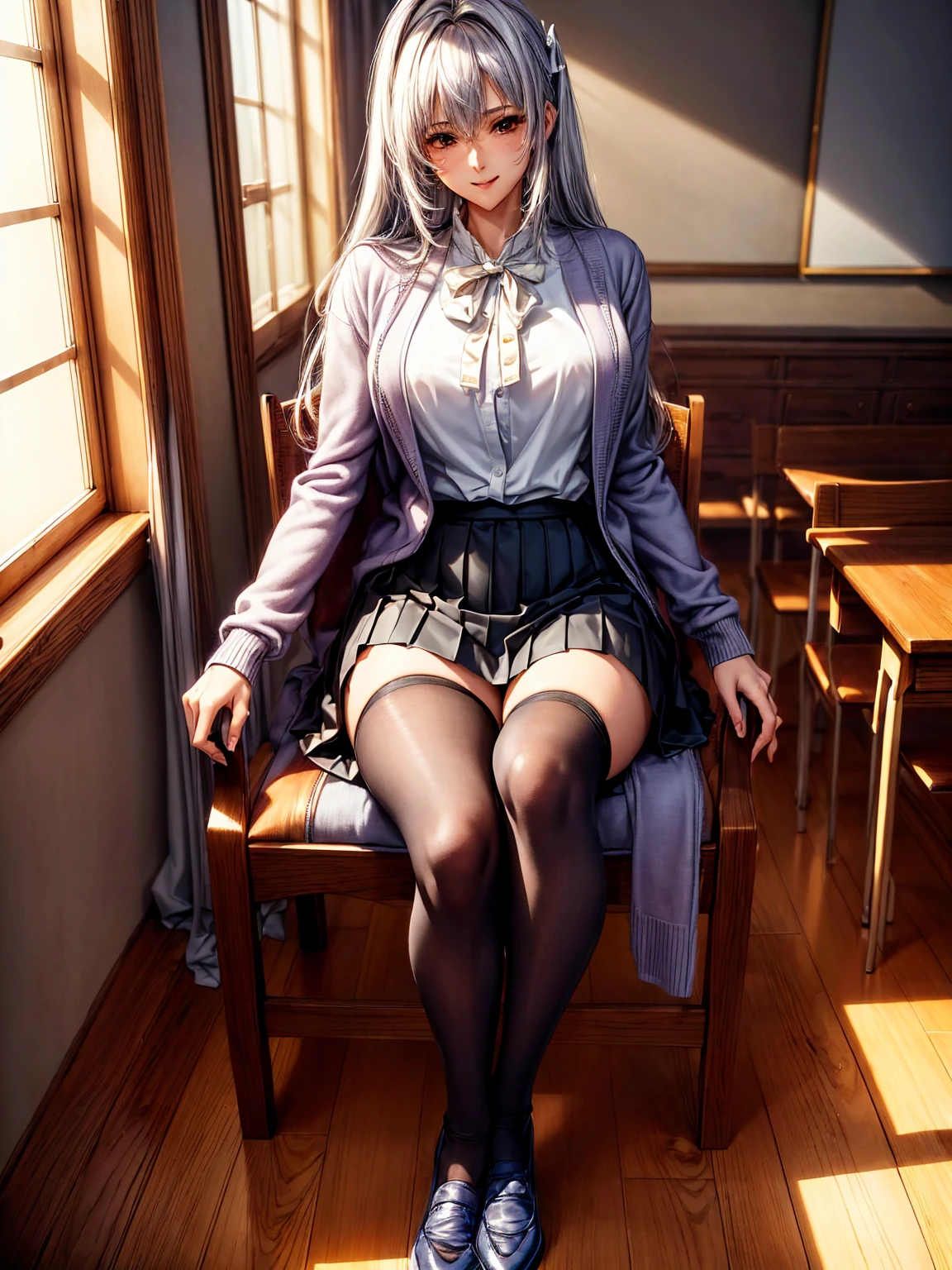 ((( top quality)))、((('s greatest masterpiece)))、Beauty Painting、 8k 、 ultra high quality、(1 Female: Perfect Anatomy ), Age 20、  beautiful body、  beautiful breasts、  beautiful faces:smile、Purple Hair、 Silver Hair、 best skin and hair texture  、((White blouse:ribbon: cardigan: blazer: pleated skirt at the top of the screen:tights:socks:Indoor shoes))、 lace panties、Beautiful classroom: chair during class、 natural light,  high resolution images、
