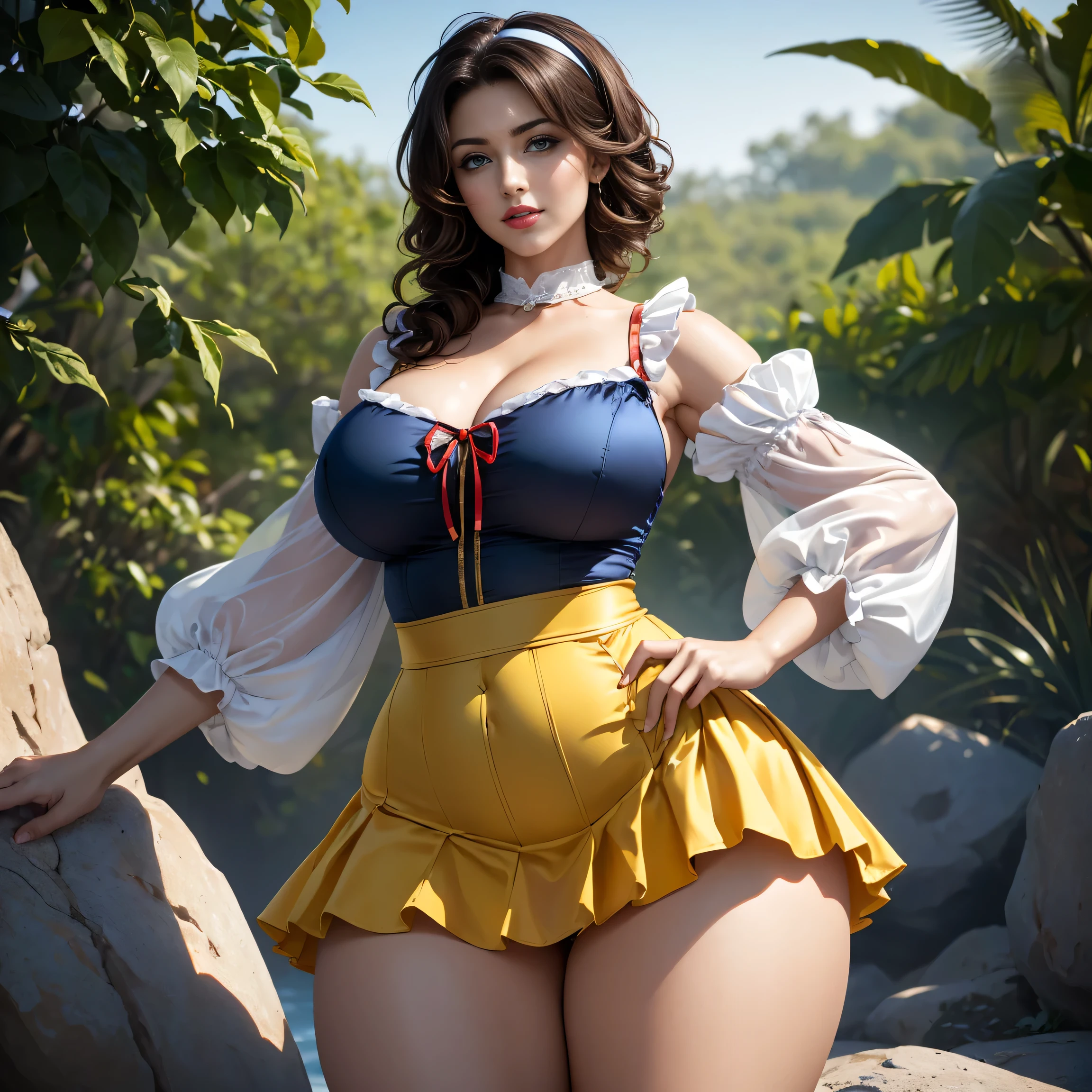 (masterpiece), (best quality), (Very detailed), Alice Liddell, blue dress, White apron, Black hair band, White socks, Linda Pose, In the garden, (pond), (((Disney Castle in the background))), (Blue sky), (sunny), 3D. illustration, Beautiful Moments Highlights, Perfect proportions, Dynamic, professional, Grant, (Very delicate skin), (Very detailed face), Realistic, HDR, Ultra-high resolution, case, plump.(((Large Breasts、Breast sagging、Low-cut,Cleavage ,Wide hips,)))((Long legs)),Hourglass figure)),