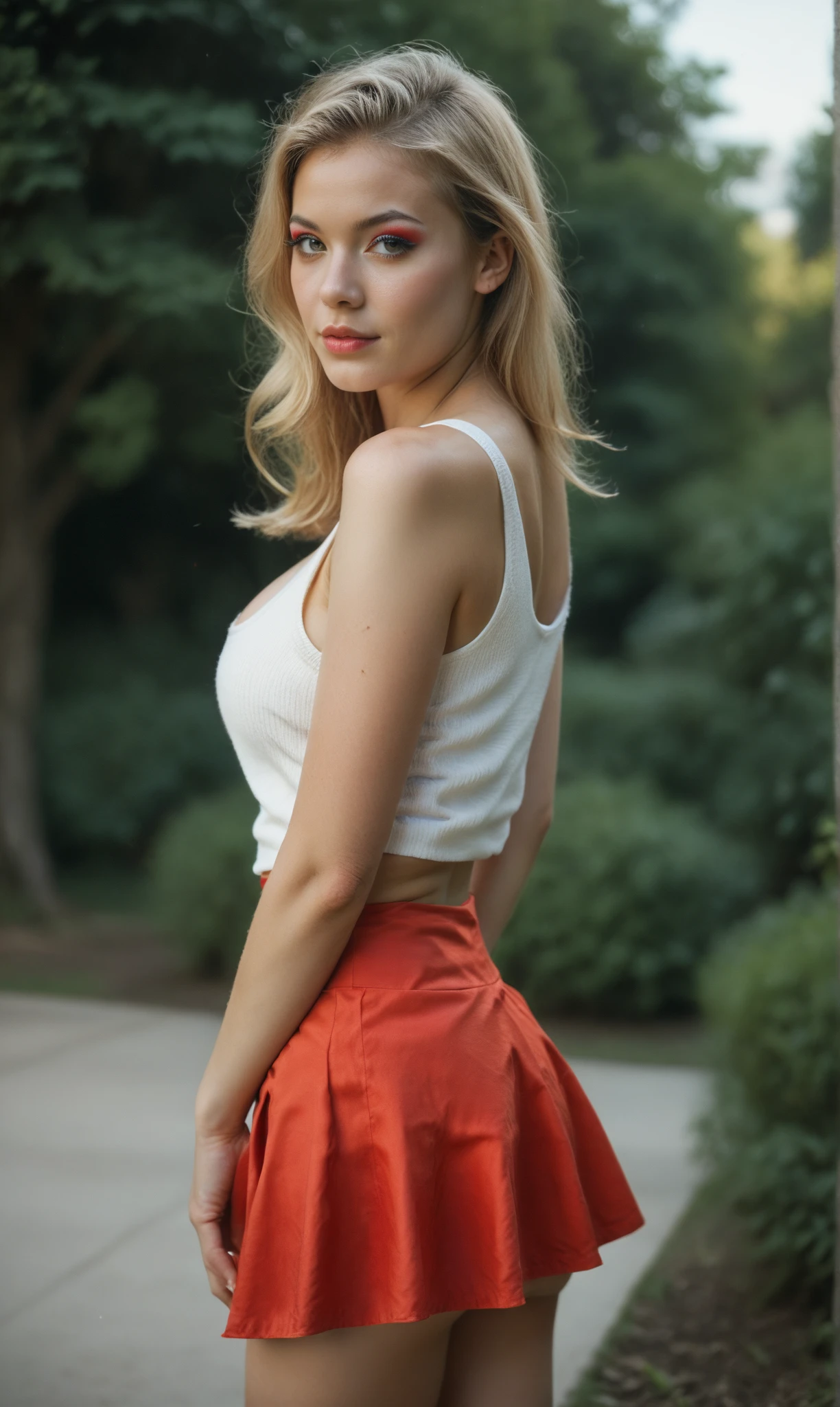 (Solo:1.3)), Best Quality, Realistic, Photorealistic, Best Quality, Masterpiece, Very Delicate and Beautiful, Very Detailed, Fine Detail, Ultra Detail, High Definition, Very Detailed, Realistic, Ultra High Definition, Best Quality, Ultra High Definition, (Real:1.4), High Quality Texture,1Girl, Wallpaper, 20 years old, blonde hair, long hair, Her hair blows in the wind,blue eyes, eyelashes, necklace, skinny body, small perky breasts, red cami top, cleavage, narrow waist, round hips, short white pleated skirt, bare legs, sneakers, standind straight, full body view, looking at viewer, dusk, realistic light, realistic body, detailed clothes, detailed skin,