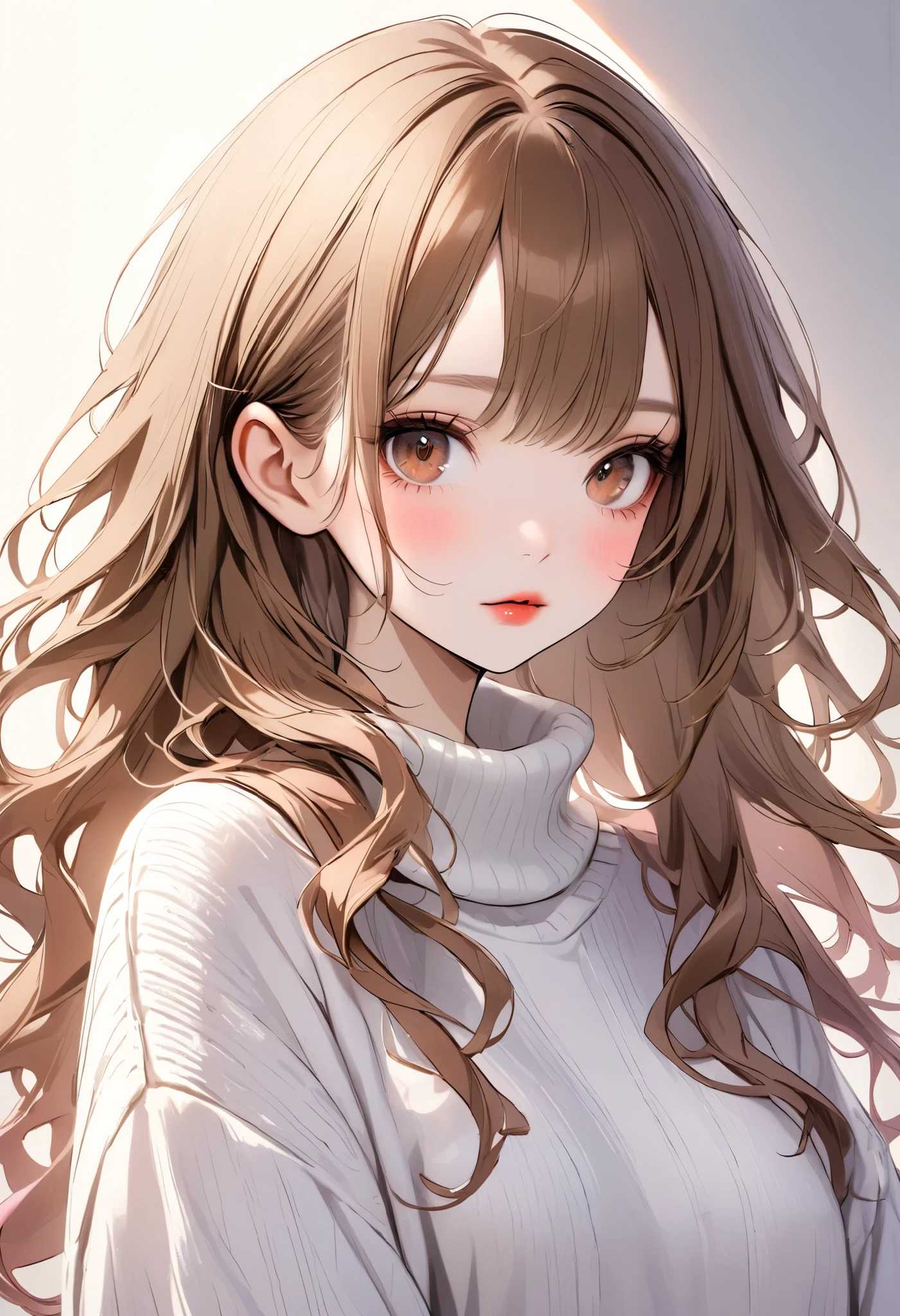 girl, long brown hair, brown eyes, sharp features, white skin, light pink lips, perfect, sweater .