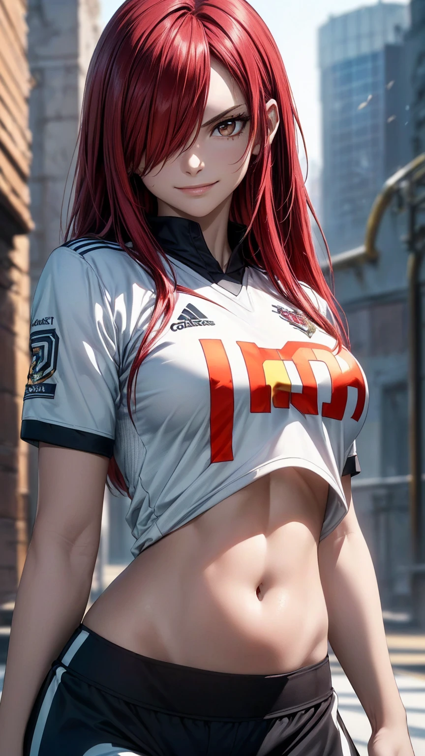 Erza Scarlet, (((red hair, long hair, hair over one eye, golden brown eyes))), (((beautiful golden brown eyes and details, beautiful eyelids))), ((((football shirt, ambassador football shirt, athletic navel)))), has model style, oppai, full cosplay, Ultra HD Quality, ((sharp face)), official art, beautiful, ((mature, 30 years old)), evil smile, ((big round breast)), navel, cleavage, perfect body, ((Ultra HD Quality Wallpaper, HD picture, 16k Quality Wallpaper)), 1 female, solo, female, ((1 woman, 1 female, ((solo)), one female, 1 woman)), detailed face, detailed art, (((model pose))), (((Studio background:1.5)), half body, (((Evil Smile))), (((masterpiece, best quality:1.2))), 1girl, solo, ultra high resolution, 8K, 16K, ultra high quality, RAW photo, ((extremly detailed)), high quality, charm, asian girl face, beautiful, the best lightin, the best proportion pose, soft light, natural light, detailed light, realistic light, Professional, Amazing, the best visual, enhance, ultra-high detail, 8K, 16K, ultra-high realistic, high resolution, the best resolution, high rendering realistic, detail hands, detail anatomy, detail face, detail body, (high detail), detail arms, (high detail fingers), the best proportions, detail nails, (detail intricated), ((potrait)), the best pictures, the best images, hdr, dslr, fix , fit, full color,