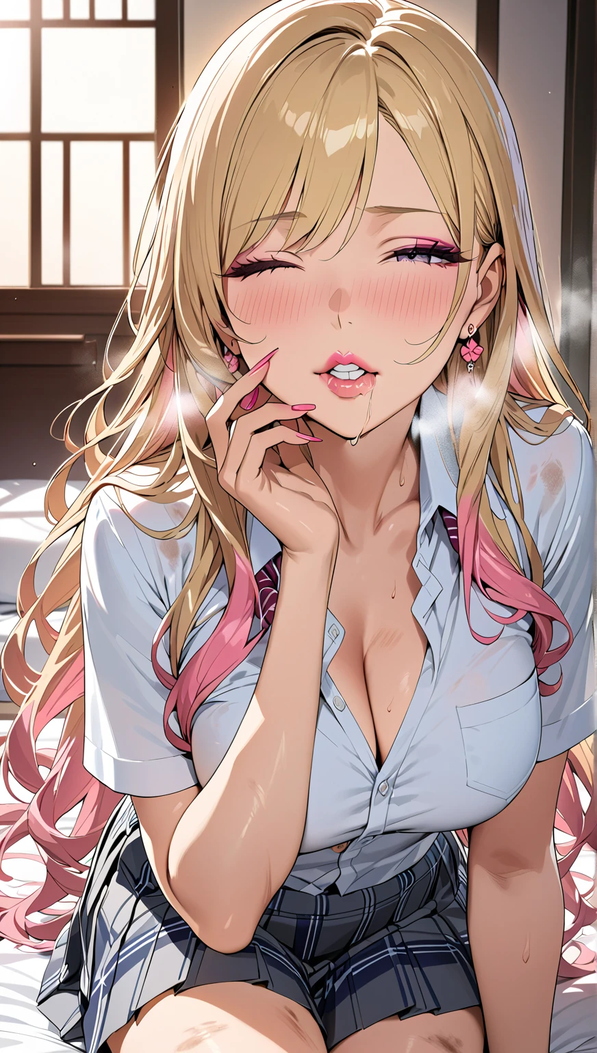 1girl、(((best quality)), ((masterpiece)), (details), masterpiece, best quality, high quality, ulutra detailed, perfect face, ((1girl, blond eyes, tiger ears: 1.3 blond long hair: 2.5,Mole under left eye：2.0))、Shiny Hair、Glowing Skin、Lustful look、pajamas、pajamasの短パン、night、Brushing your teeth、sleepy、Washroom