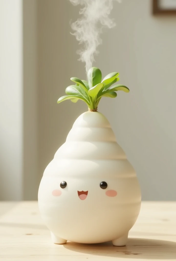 ((humidifier, Home appliances for white daikon ,  cute face, Shaped like a drop of water ,  the leaf part emits water vapor,  reality:1.5)),  on the table , living, live-action:1.5