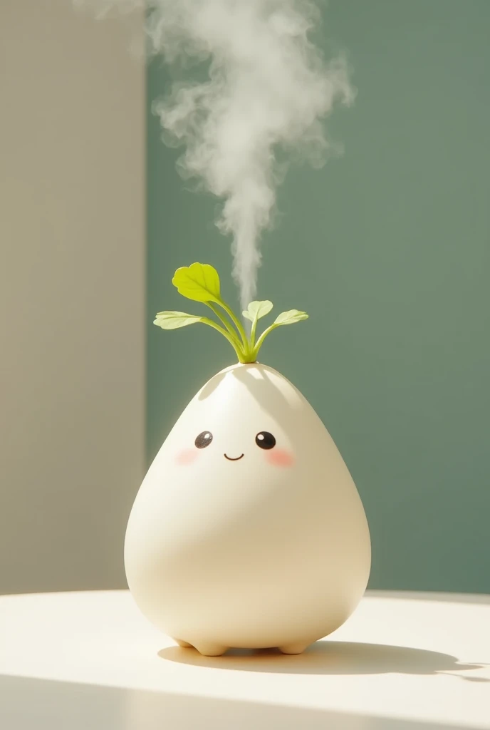 ((humidifier, Home appliances for white daikon , translucent:1.3,  Foggy Mist with Water :1.3,  cute face, Shaped like a drop of water , Water vapor is coming out of the leaf,  reality:1.5, photograph:1.5)),  on the table , living, live-action:1.5