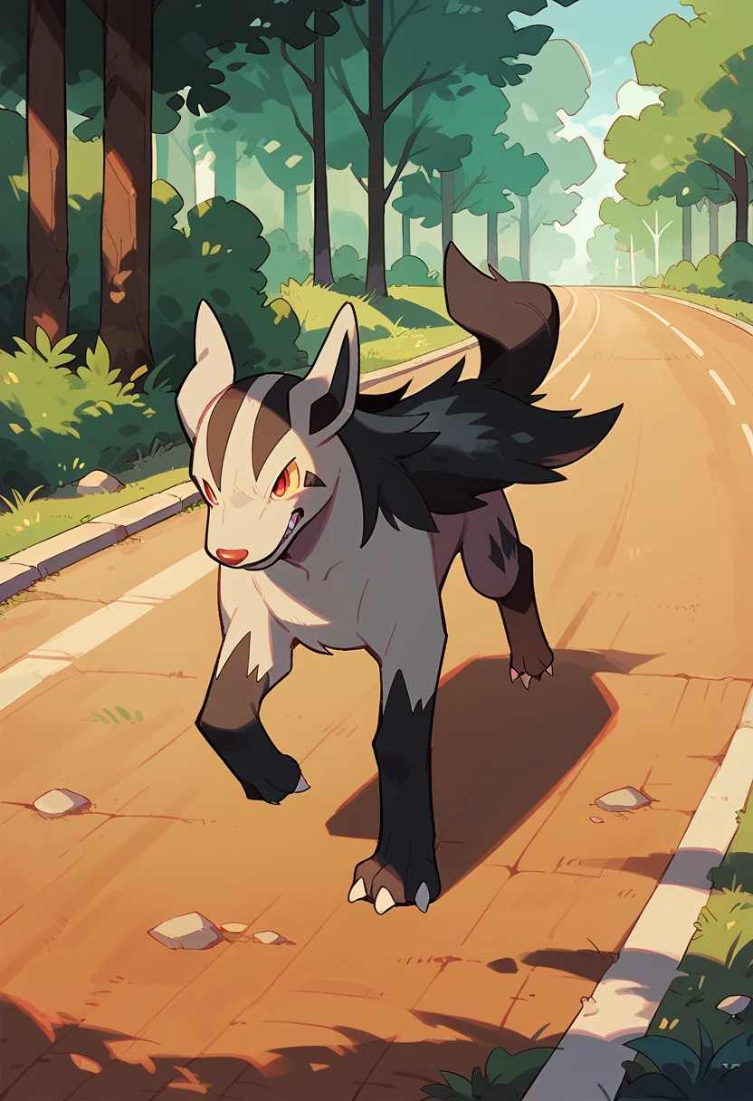 Solo, dof, full-length portrait, Mightyena, feral, Pokémon, running, lonely road, cinematic, dynamic angle