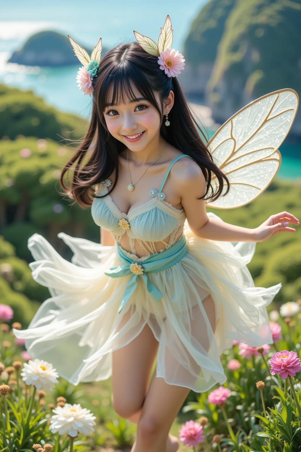 masterpiece、High resolution、Japanese Girls、((Fairy with wings))、19 years old、Young Face、Steppe with no one、bikini