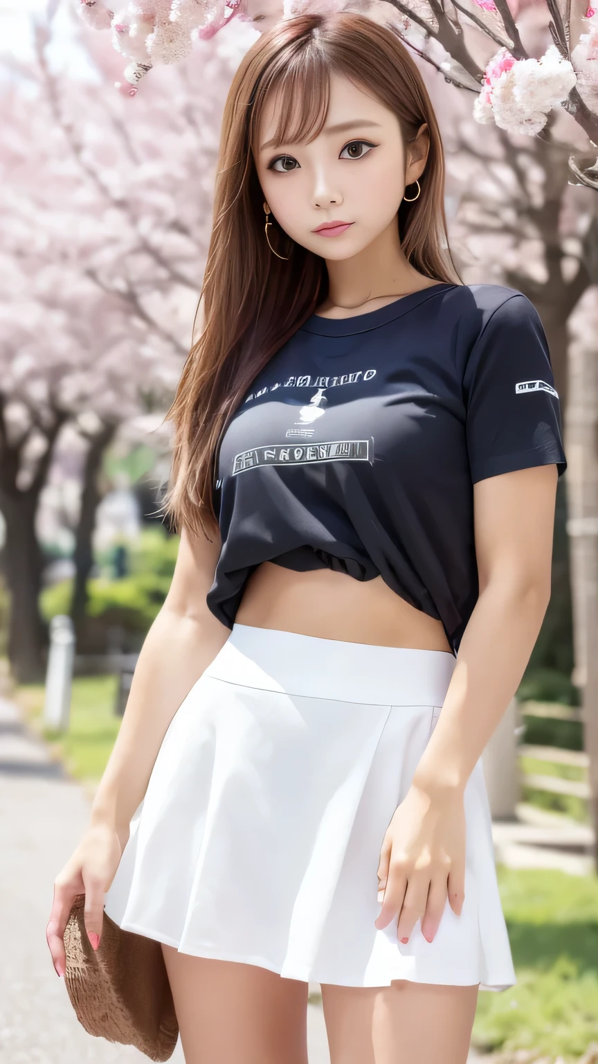 8k,Masterpiece, Japanese , girl, from before , innocent face,Calm Eyes,ish,T-Shirts,Short sleeve, short skirt, semi-long ,noon, bright ,Cherry Tree