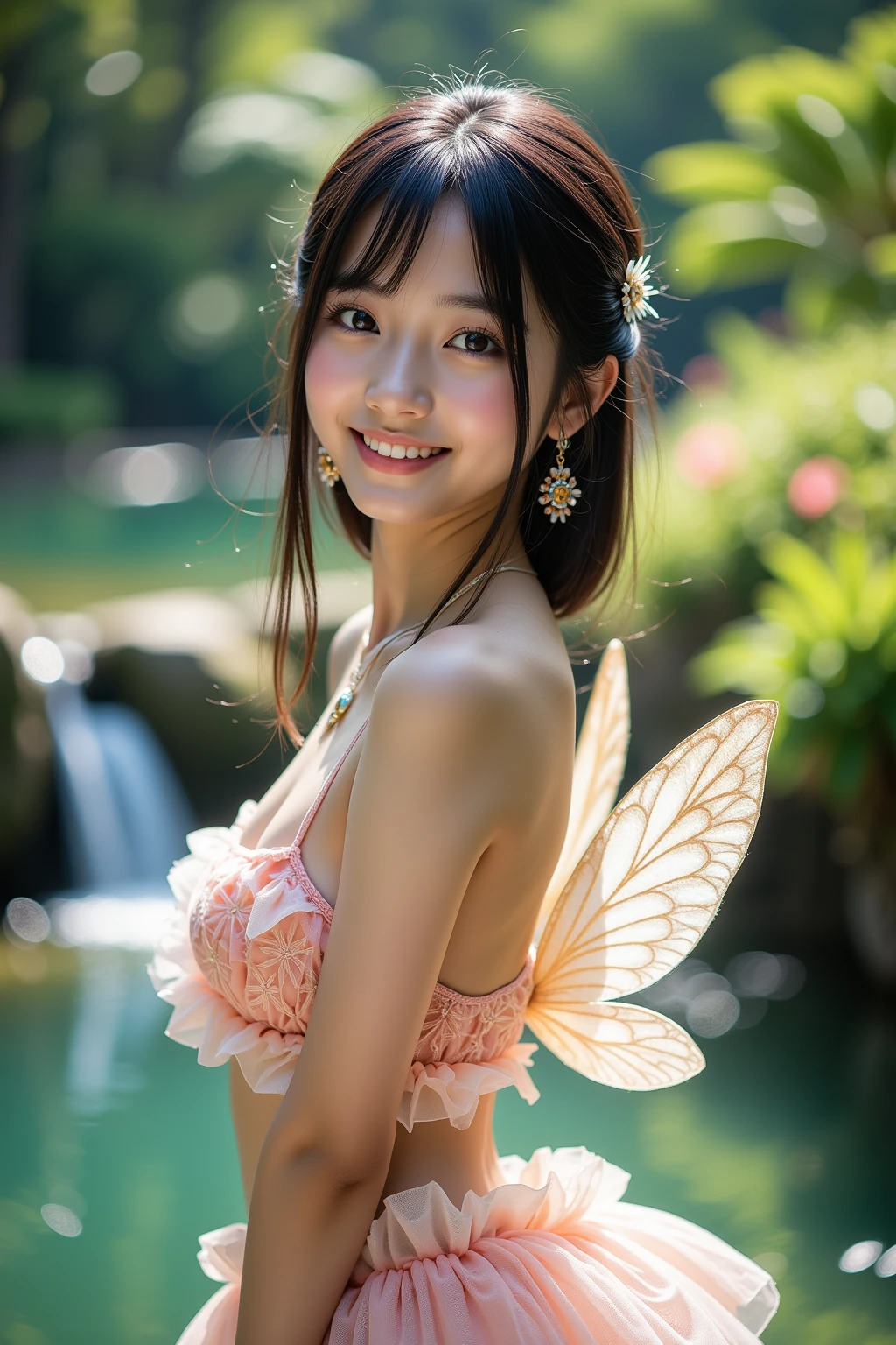 Fairiy with a Japanese face, ((best quality)), ((masterpiece)), (detailed), realistic, photo, ethereal beauty,cute,black hair, Light colored dress,(transparent fairy wings:1.2), exquisite and beautiful face, exquisite collarbone, seductive and delicate collarbone, charming fragrant shoulders, shoulders slightly exposed,peach Red lips,(smile:1.2)