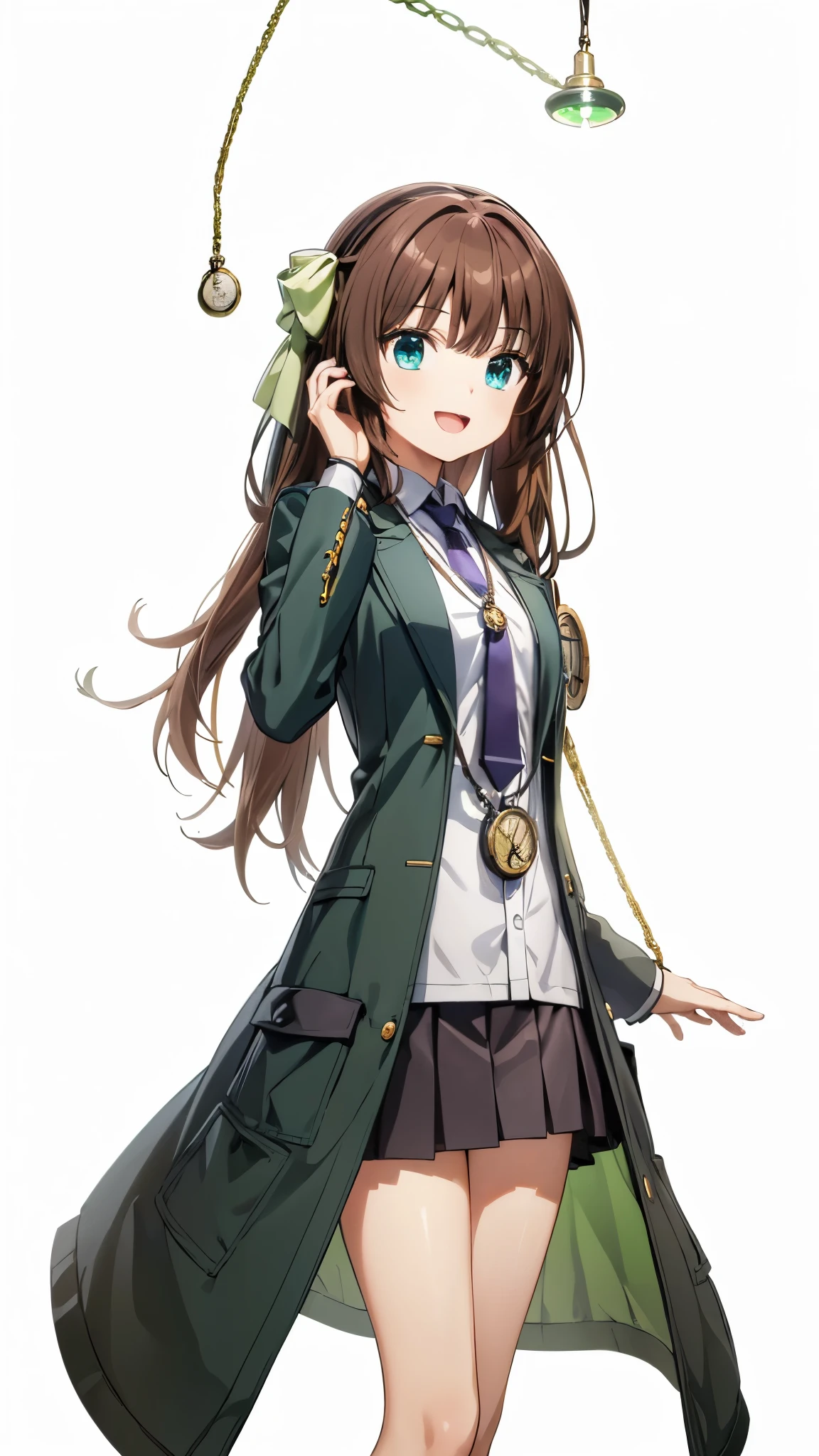 very beautiful teenage girl,(16k, super high resolution , top quality,masterpiece, super detailed, Highly Detailed Facial Features,  perfect face,  Perfect Eyes , anatomically correct body), Straight hair& high twintails,blue eyes, hair between eyes, ((light brown hair:1.3)), school uniform, white shirt,break,brown pleated skirt,break, purple tie,black coat, Tree Eyes,((:d:1.3)),((lightgreen forest & small river at the back of the screen:1.3)),front shot, looking at camera,dynamic pose,looking up,((Pocket watch:1.3)),