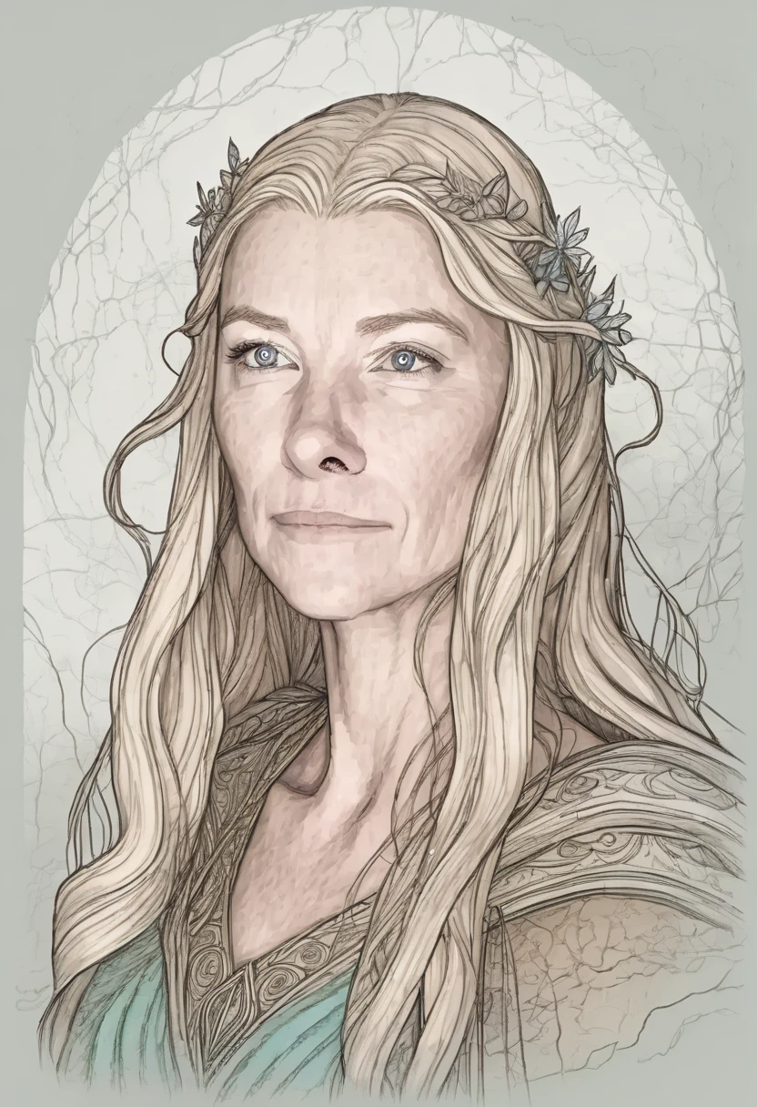  half-length portrait of @alexmd, 50 year old Galadriel, (colour street sketch style)