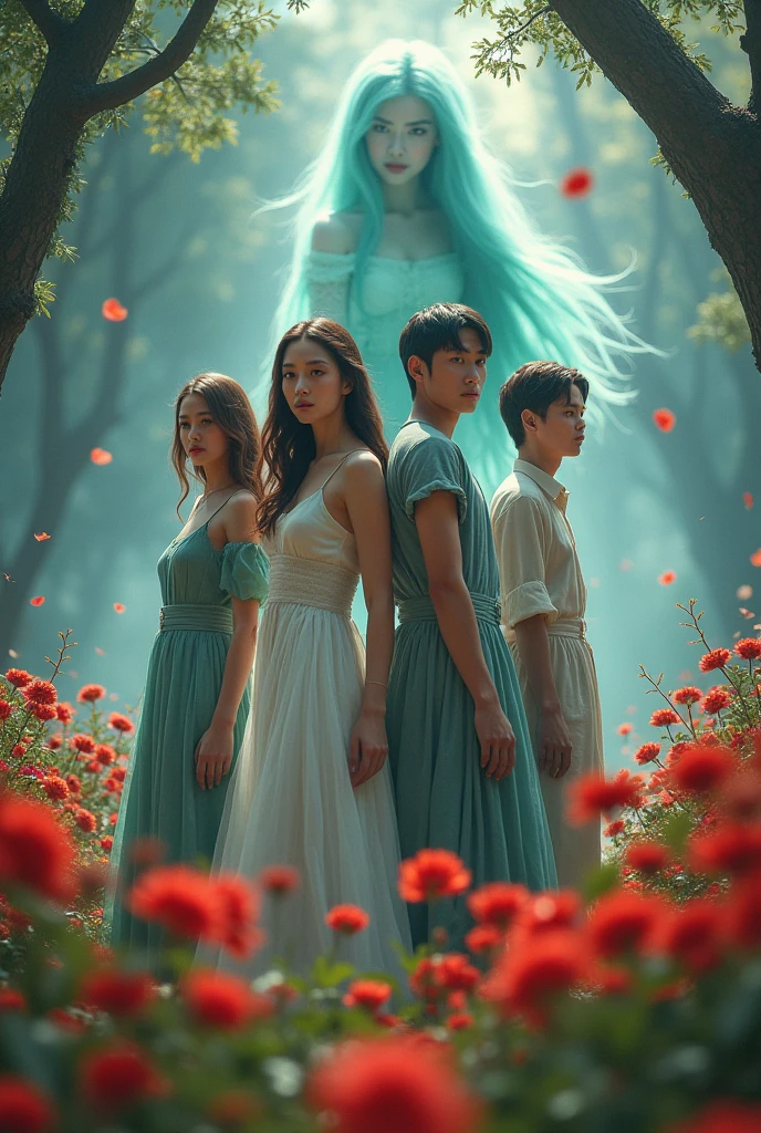 Inage, 24k, 3d, epic, movie posters, 2 woman and 2 man, 20yo, and background beautiful ghost lady, flower park,