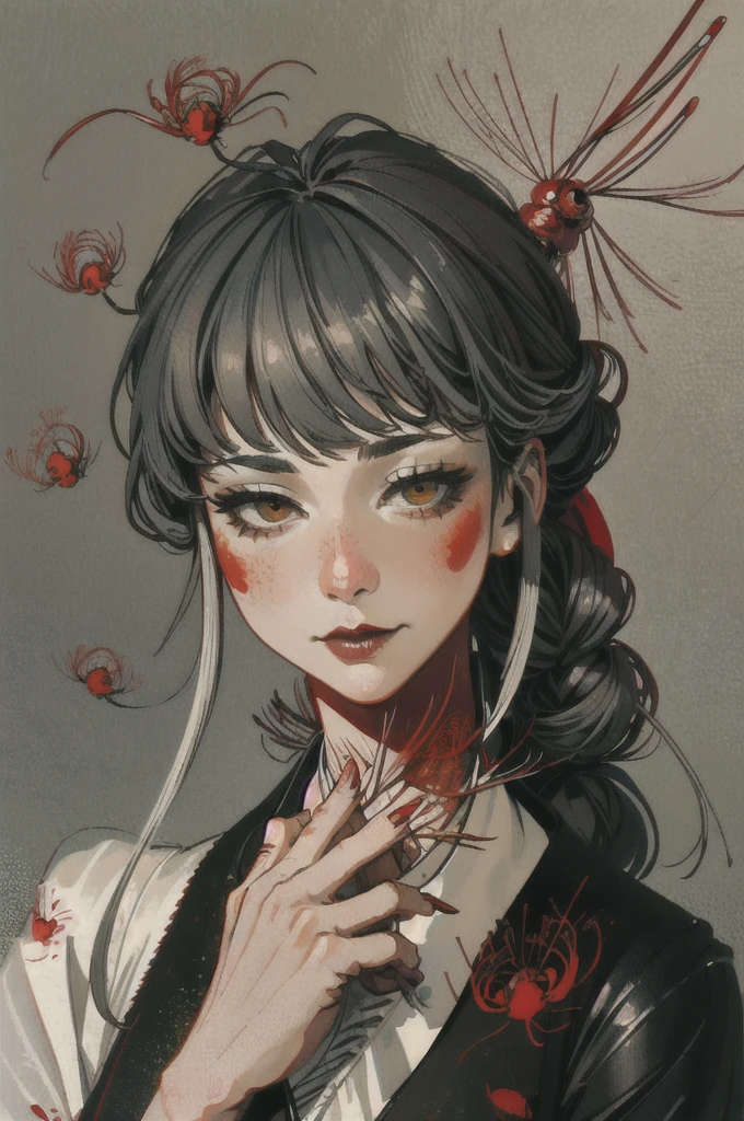 ,  Liar，fantasy， Red Spider Lily， beautiful ,Digital Art Oil Painting ，  Details，Riverbank，Long nails，thread，Gray Hair， long hair，Red and white accents ，細かで繊細なthread， beautiful姫，