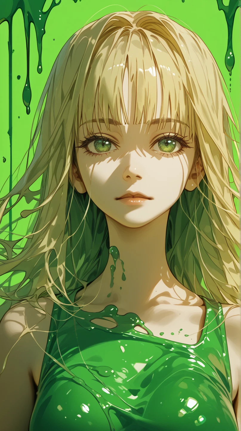  portrait of a European woman's face,  long curl hair,  blondes, green slime frame , Decorative panel, Abstract art,  Blood background is   (Masterpiece,  top quality,  high definition: 1.4),   Details,  intricate details, 4K,  color splash ,  line art , Fibonacci,  green slime splash art 