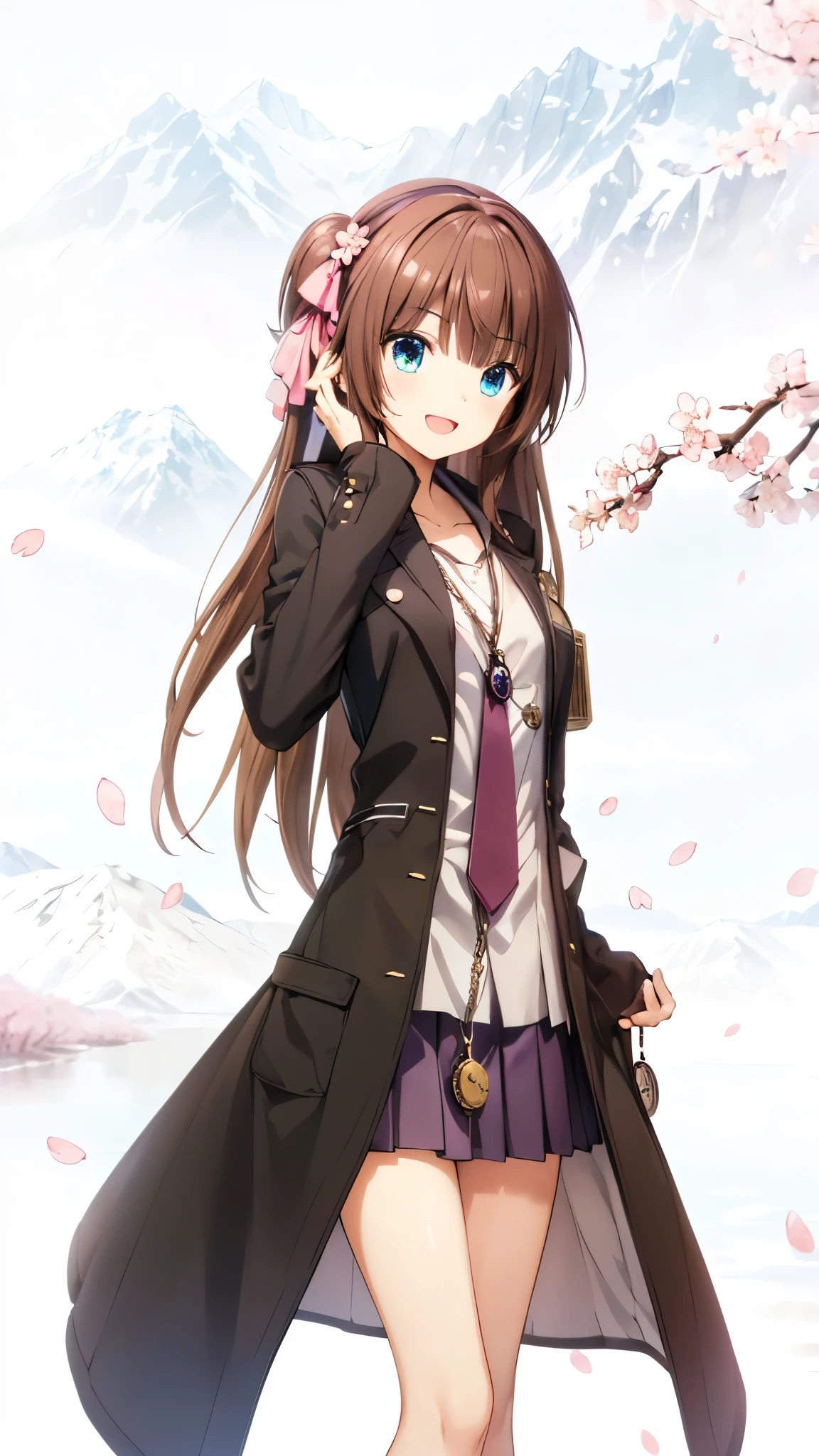 very beautiful teenage girl,(16k, super high resolution , top quality,masterpiece, super detailed, Highly Detailed Facial Features,  perfect face,  Perfect Eyes , anatomically correct body), Straight hair& twintails,blue eyes, hair between eyes, ((light brown hair:1.3)), school uniform, white shirt,break,brown pleated skirt,break, purple tie,black coat, Tree Eyes,((:d:1.3)),((cherryblossom tree:1.3)),((mountain & small river at the back of the screen:1.3)),front shot, looking at camera,dynamic pose,looking up, lots of small birds flying in the sky,((Pocket watch:1.3)),