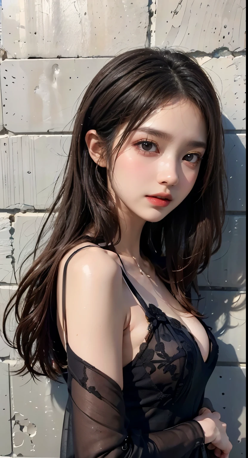 (ultra-realistic realism)、(illustratio)、(A high resolution)、(8K)、(The is very detailed)、(Best Illustration)、(Beautifully detailed eyes)、(top-quality)、(ultra - detailed)、(tmasterpiece)、(the wallpaper）、（A detailed face）、独奏、1 girl in、looking at viewert、finedetail、A detailed face、in the darkness nigth、deep shading、low tune、pureerosfaceace_V1、A smile、Long、Black shawl straight hair、46-point diagonal bangs,　（Silk dress、long  skirt）(cropped shoulders）The view of the castle、、Stand against the wall
