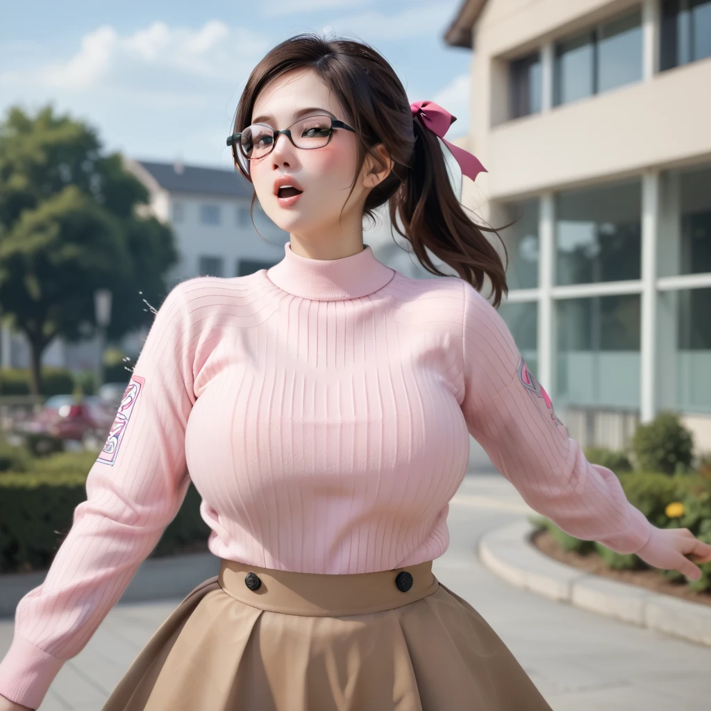 score_9, score_8_up, score_7_up, (best quality), (masterpiece), 1 girl, huge heavy breasts, thick, wide hips, thin waist, bouncing breasts, motion blur, motion lines, pink ribbon, hair in ponytail, brunette hair, pink sweater, Chevron stitched sweater, brown skirt, kneehighs, socks, glasses, jumping, blush