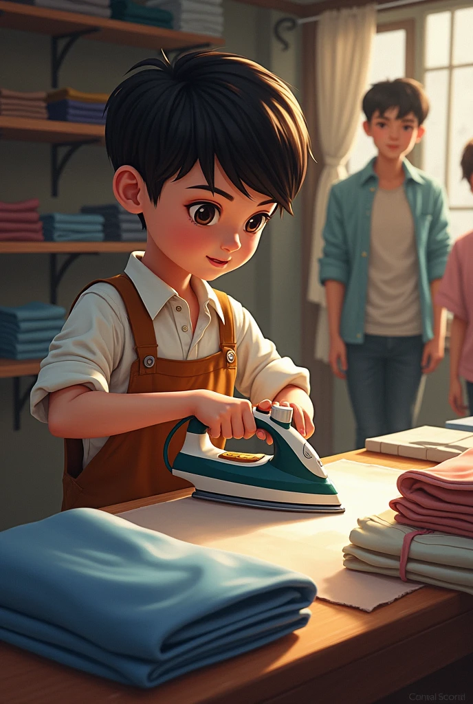 An Asian boy in a blazer sits in front of a sewing machine sewing,Black color hair。