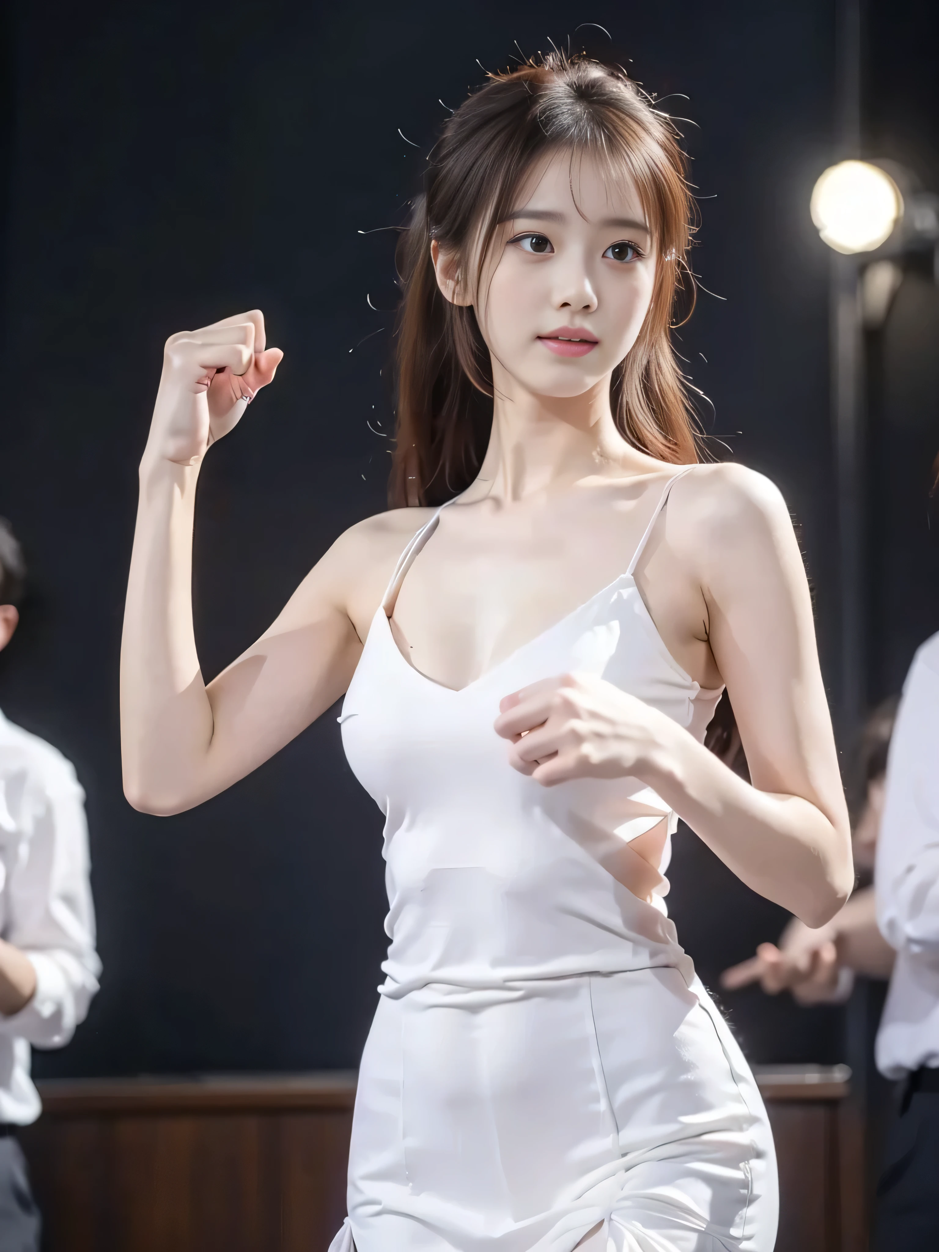 A beautiful girl is dancing, on dark background ,Sexy,make a fist