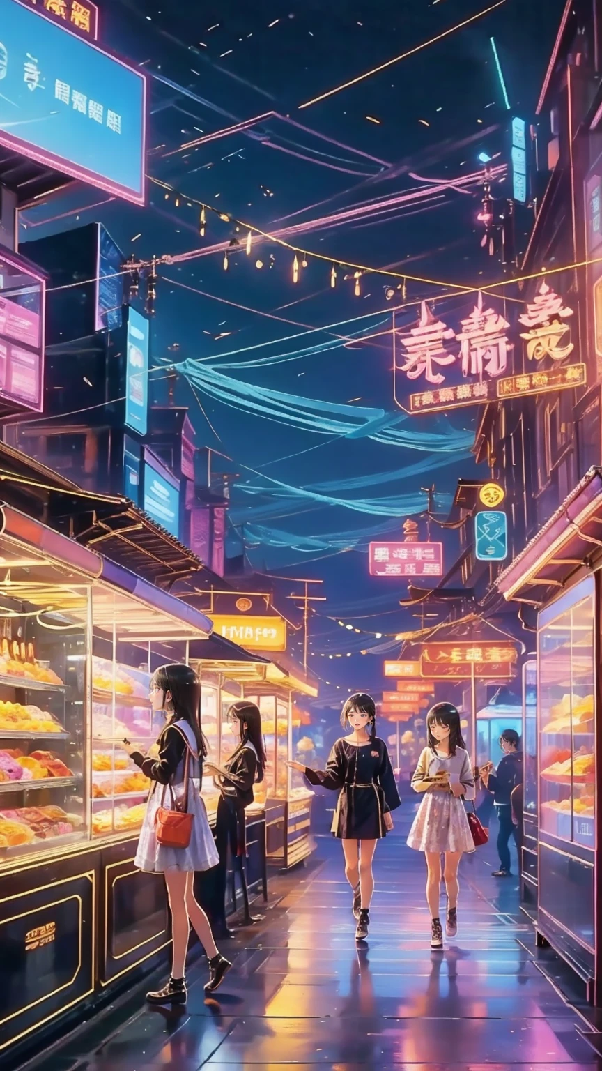  anime style、Street food stalls/Street Food Stalls /Street food scene 、People walking around drinking 々、 people eating at food stalls 々、 looking happy 、 enjoying alcohol、Very beautiful girl、Focusing on beautiful girls、
