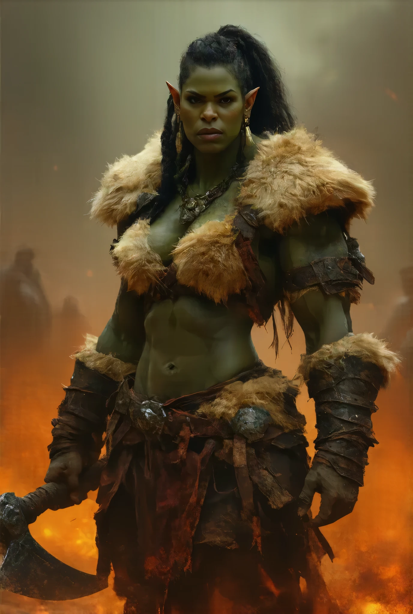 Orc Warrior , very sexy , On the battlefield , Battle axe in hand , athletic, cropped , muscular, medium breast , fur armor with bones and teeth, wild, female