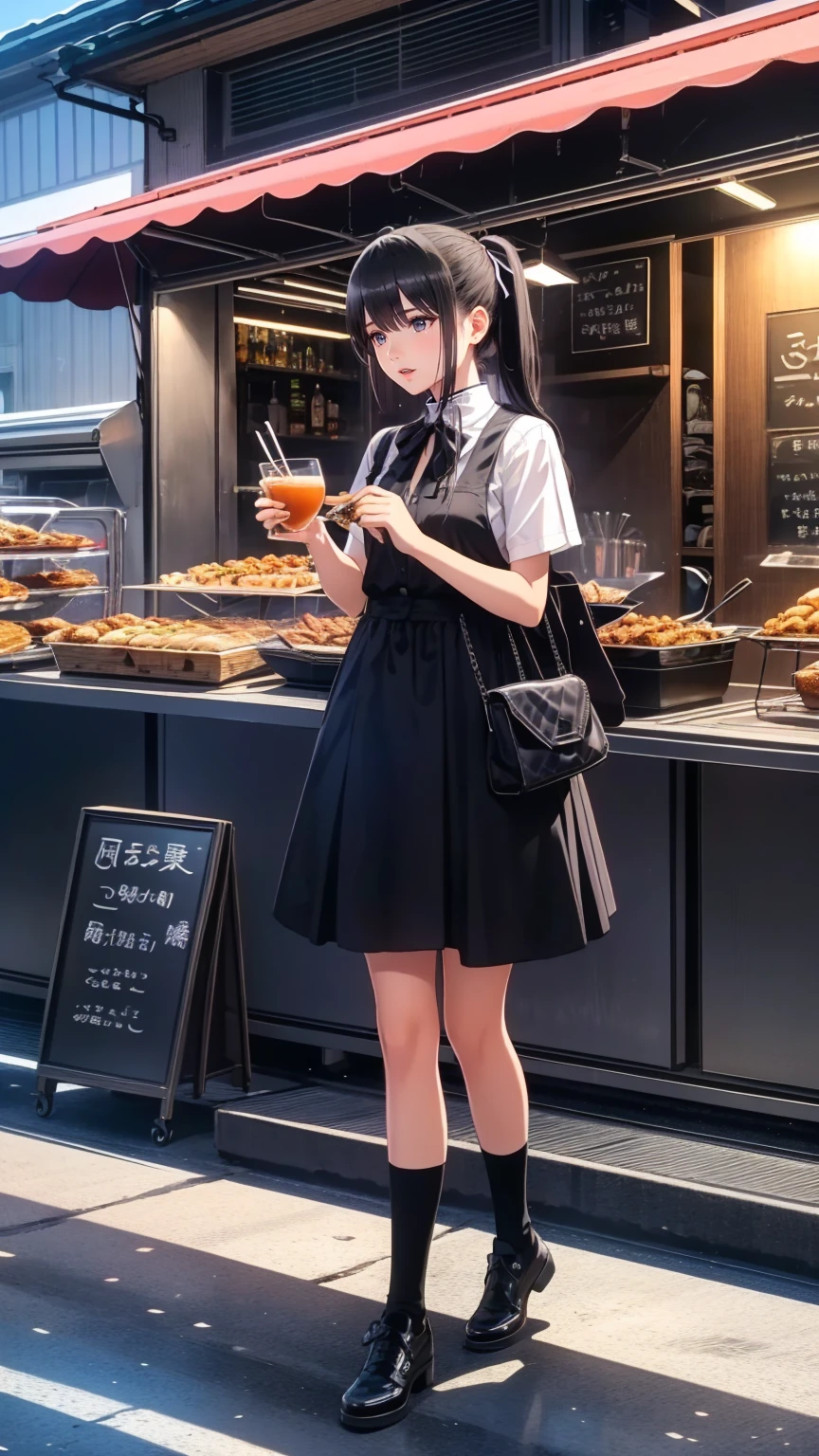((masterpiece,best quality)), 1girl, food, fruit, solo, skirt, shop, indoors, jacket, shopping, basket, jewelry, shirt, shelf, short hair, black hair, plaid skirt, black jacket, dutch angle, yellow eyes